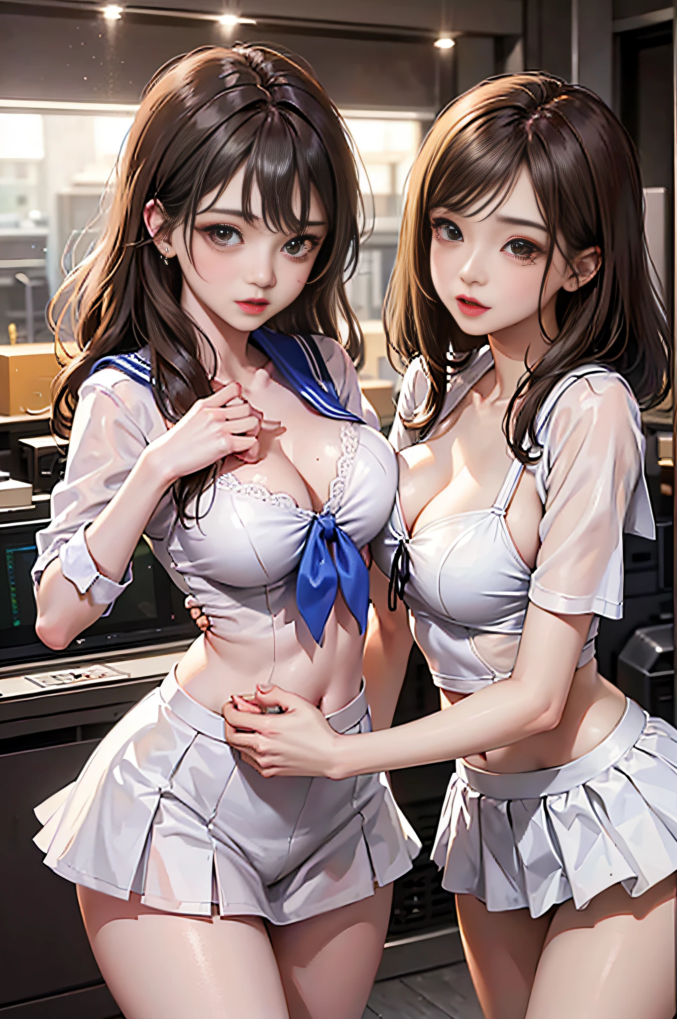 in 8K, top-quality, Real Image, With intricate details, Super Detail, 超A high resolution, Depth Field,(Photorealsitic,realisitic:1.2),​masterpiece , {{Two beautiful girls staring at each other:1.5、mirror image、fullllbody、Standing Pose、sexypose:1.5}}, {{low angles:1.5}}、{{Put head-to-toe on the screen:1.5}}、{{opening legs widely:1.8}}、{{Two girls are kissing:1.5、Lips and lip touches:1.5、Cheek and cheek touch}}、Very beautiful 18 year old girl, Inviting eyes, perfect glossy skin, flawless skin, Fair skin,　{{hi-school girl、a sailor suit、Super mini skirt up、White panties are visible、Emphasis on crotch cleft、large full breasts, cleavage of the breast, Narrow waist}}、(sexy  pose:1.1)、Clean eyes、Rich facial expressions、Ecstatic face、Open your mouth slightly、brown haired、Princess Cut、Medium Hair, Align your bangs、{{Gymnasium at night:1.2、Two beautiful girls bathed in light:1.5}}