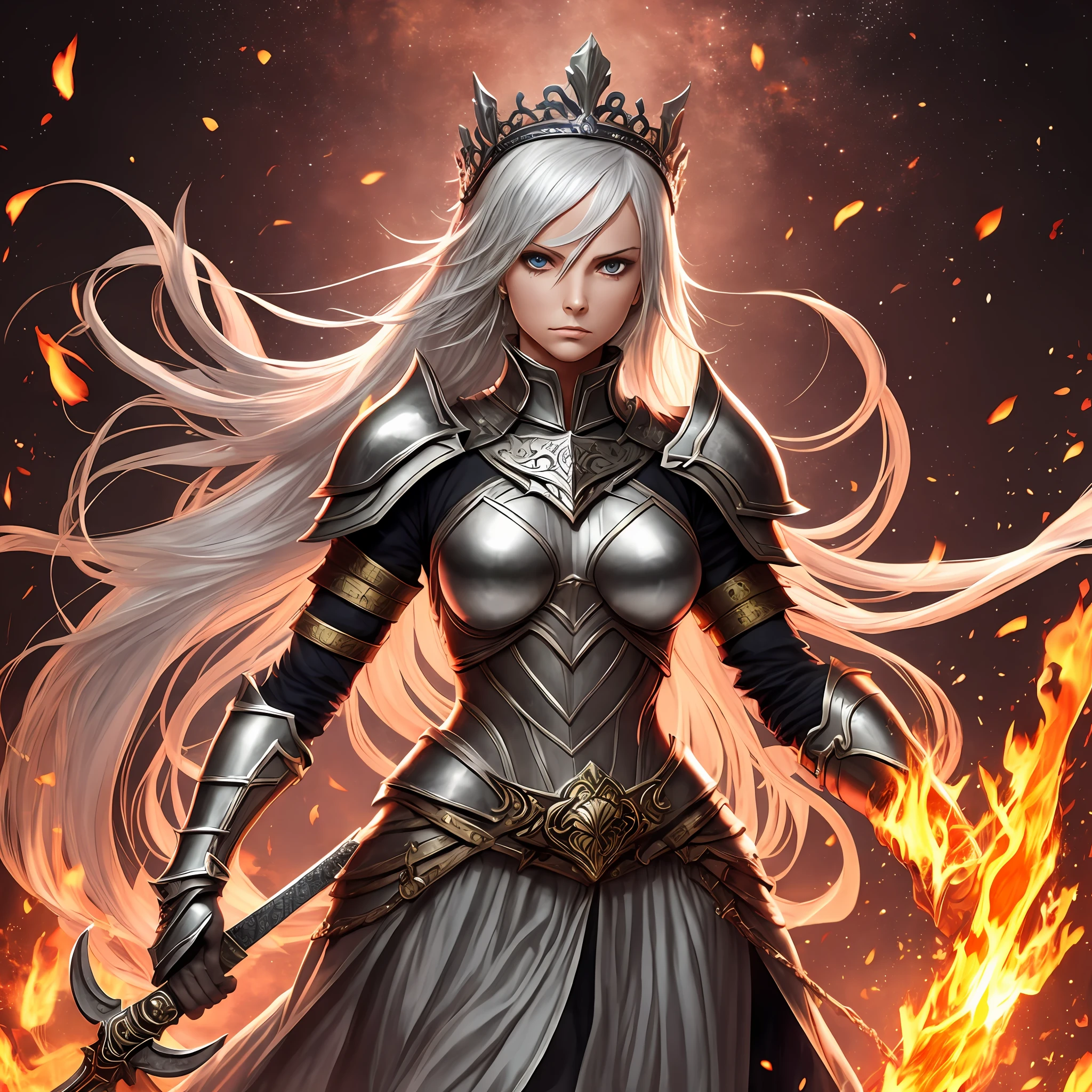 Jeanne Dark in armor (Material: Metal) Silver-colored stands in a circle of fire with a stern face, Rose in hand, sword in arm, There is a tiara on his head