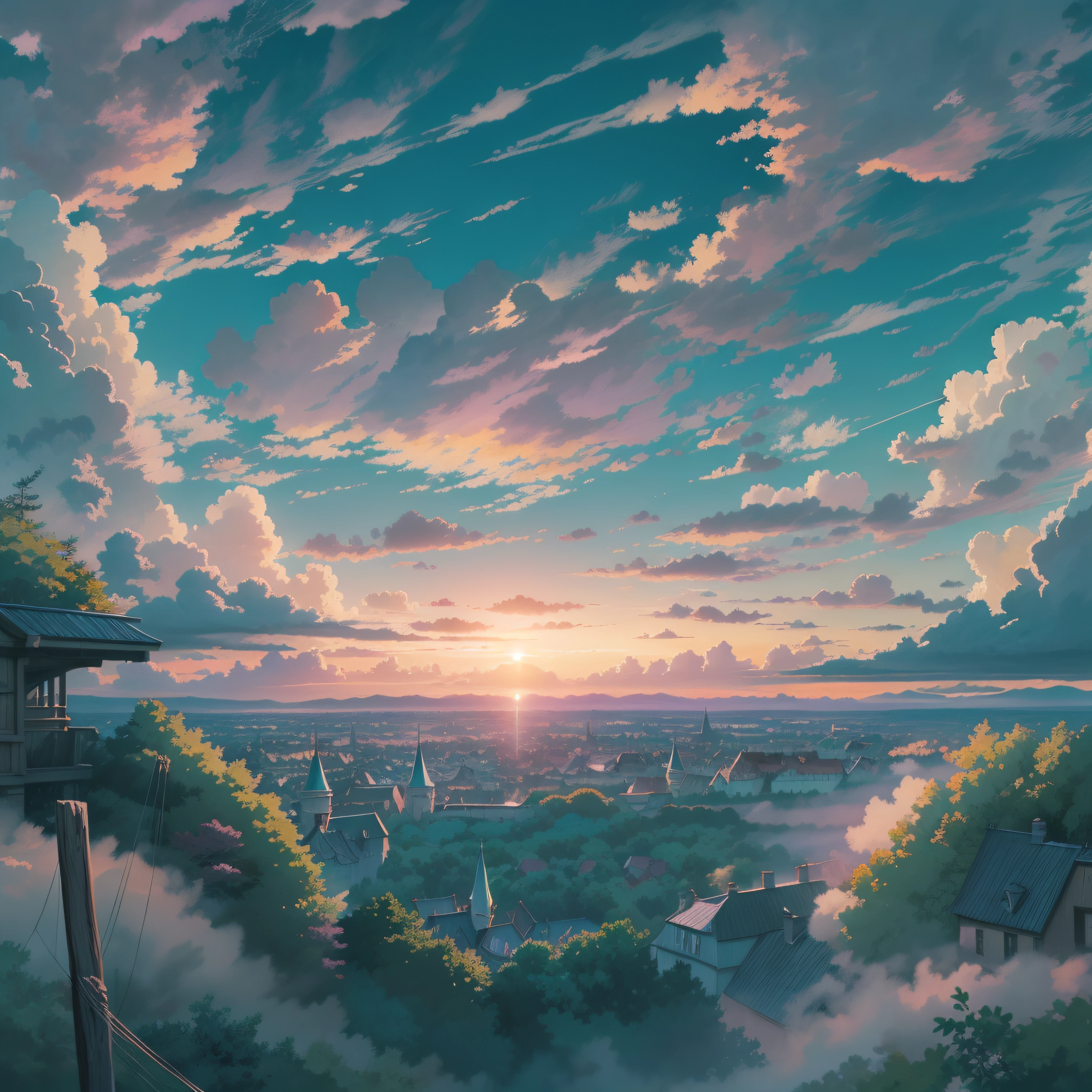 animesque、Skyscape with clouds、Purple sunset sky、Deities々Shikai、mont、You can see the touch of the brush、no human figures、Studio Ghibli、Ghibli、Scenery、Style、The light is sparkling、sky line