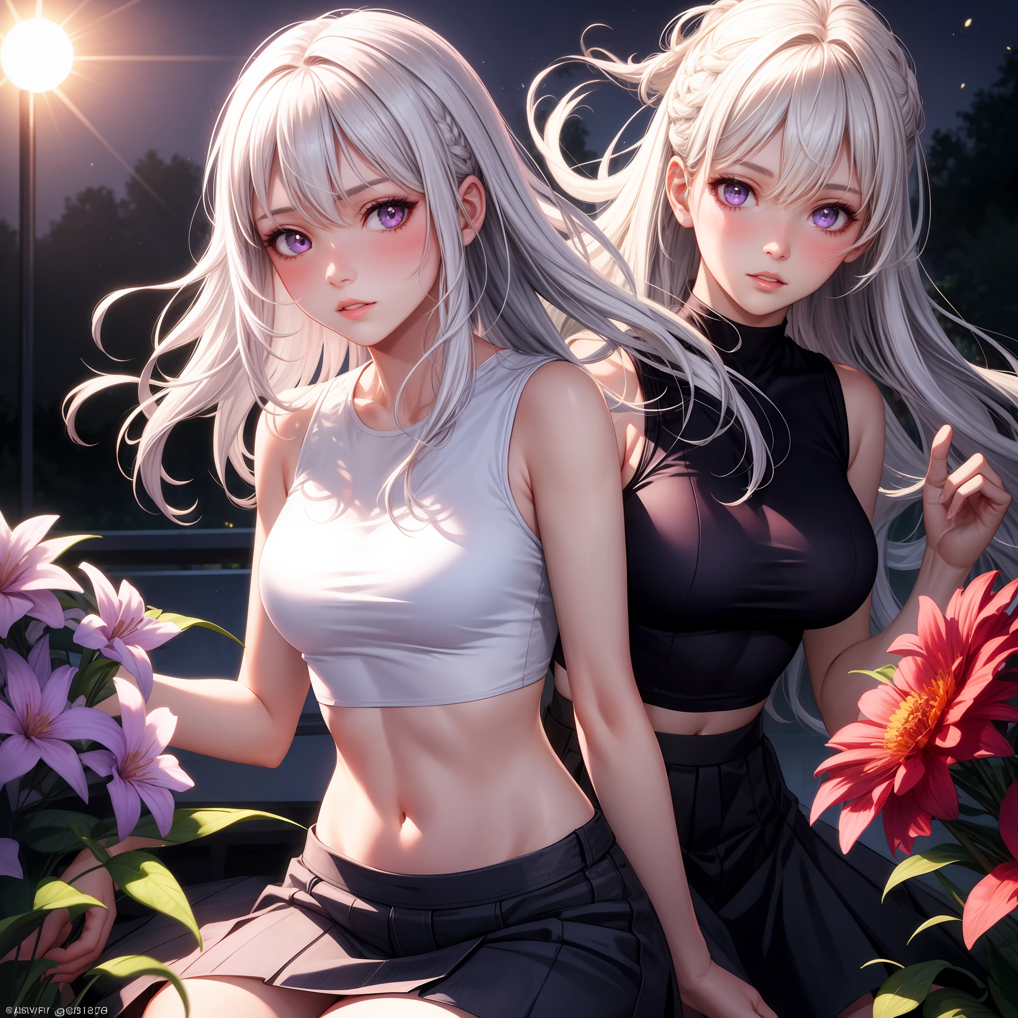 realistic, 1girl, white hair, purple eyes, glowing eyes, crop top, skirt, parted lips, blush, night, flowers, sun, sunlight,