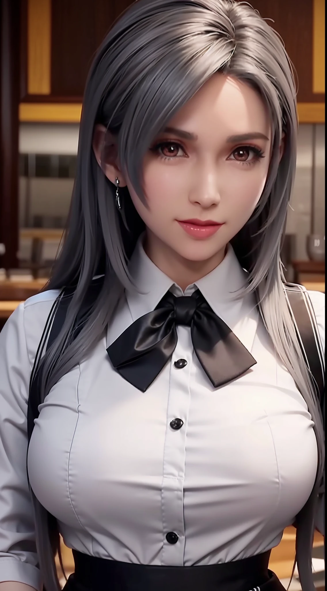 sakuyarindou768 (Wearing business outfit,formal jacket,neck tie, tie,white shirt, skirt, heels,High waist Skirt)( big perfect round breasts,hourglass body, thin waist,btpt-fc,Photo realistic, (hyperrealistic:1)beautiful, masterpiece, best quality, extremely detailed face, perfect lighting,detailed eye makeup, detail face, nice detailed eyes,nice hands, perfect hands (realistic pupils,realistic iris:1) heavy eye makeup,gray hair,long hair,bue eyes,  (working at a restaurant, background restaurant)