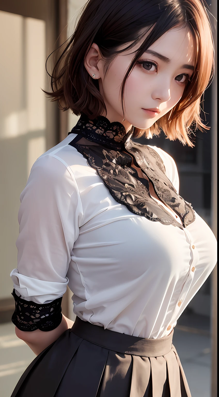 (((((Mai Shiraishi, white shirt, black pleats skirt, cowboy shot, from side, dark brown very short hair, gigantic breasts, arms behind back, standing))))((masterpiece, best quality, highly detailed, absurdres, RAW photo, ultra high resolution)))), highly detailed face and skin texture, detailed eyes, clear focus, an asian young and beautiful girl, white skin, real human skin, oval face, pores, gentle and goddess-like eyes, lip gloss, eyelashes, gloss face, wide lighting, natural shading, small waist, slender body, slight smile, clear features, beautiful face, double eyelids, sagging eyes, night cityscape