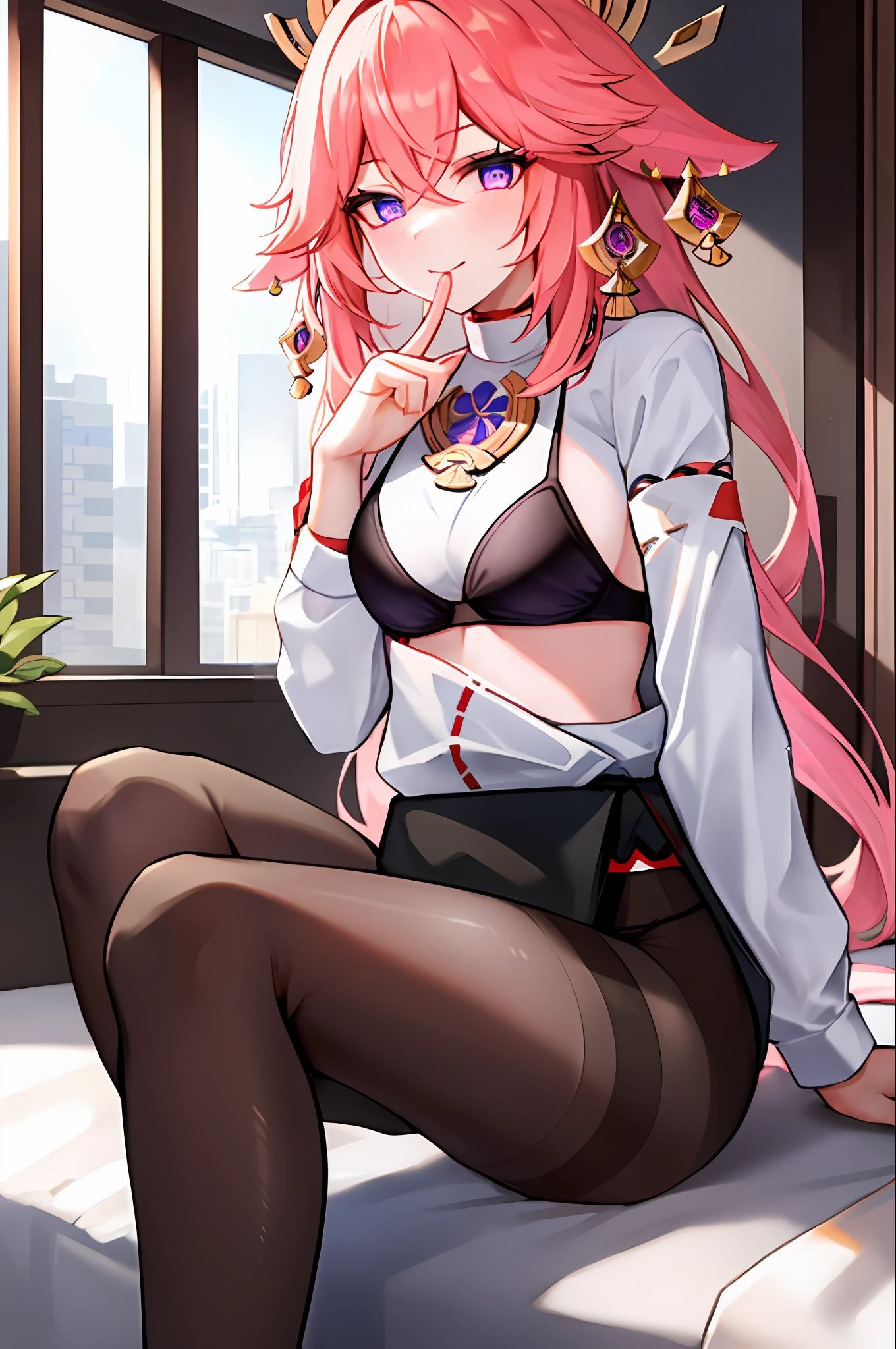 ((masterpiece, best quality)),8k,indoor ,1yae miko,mouth_hold,(white shirt:1.2) ,looking at viewer,slim waist,black bra, use pantyhose