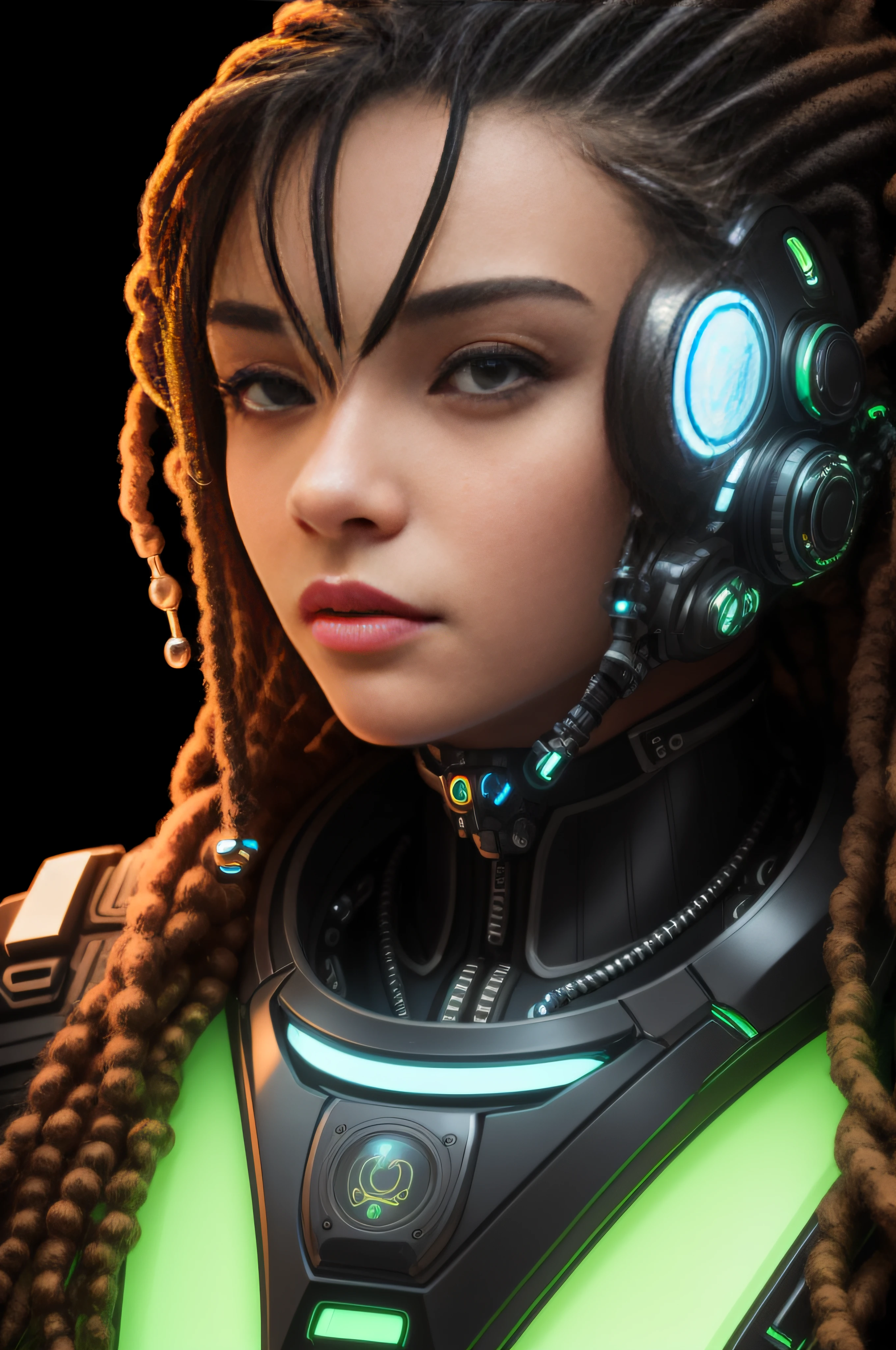 masterpiece, best quality, upper body, close-up of a fantastic looking cyborg girl in a fantastic cyber helmet with dreadlocks neon inserts with glass and metal, in glossy color with elegant details, HDR, ray tracing, rich details of light and shadow, outside, extremely detailed, random camera angle --auto