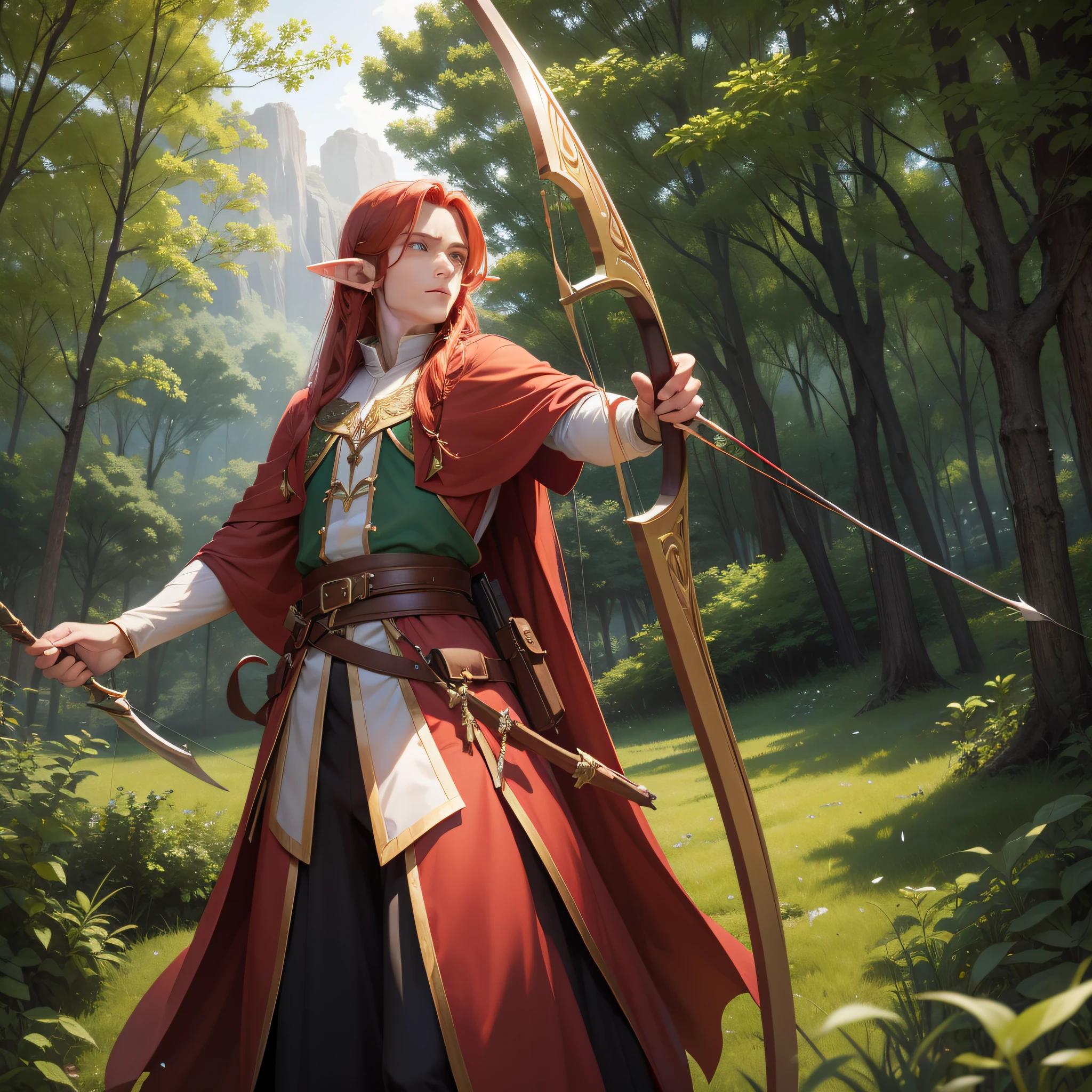 elf
Elongated common elven ears
Hair is red
Red-haired young man hunting with bow and arrow Dynamism
man
Mystical