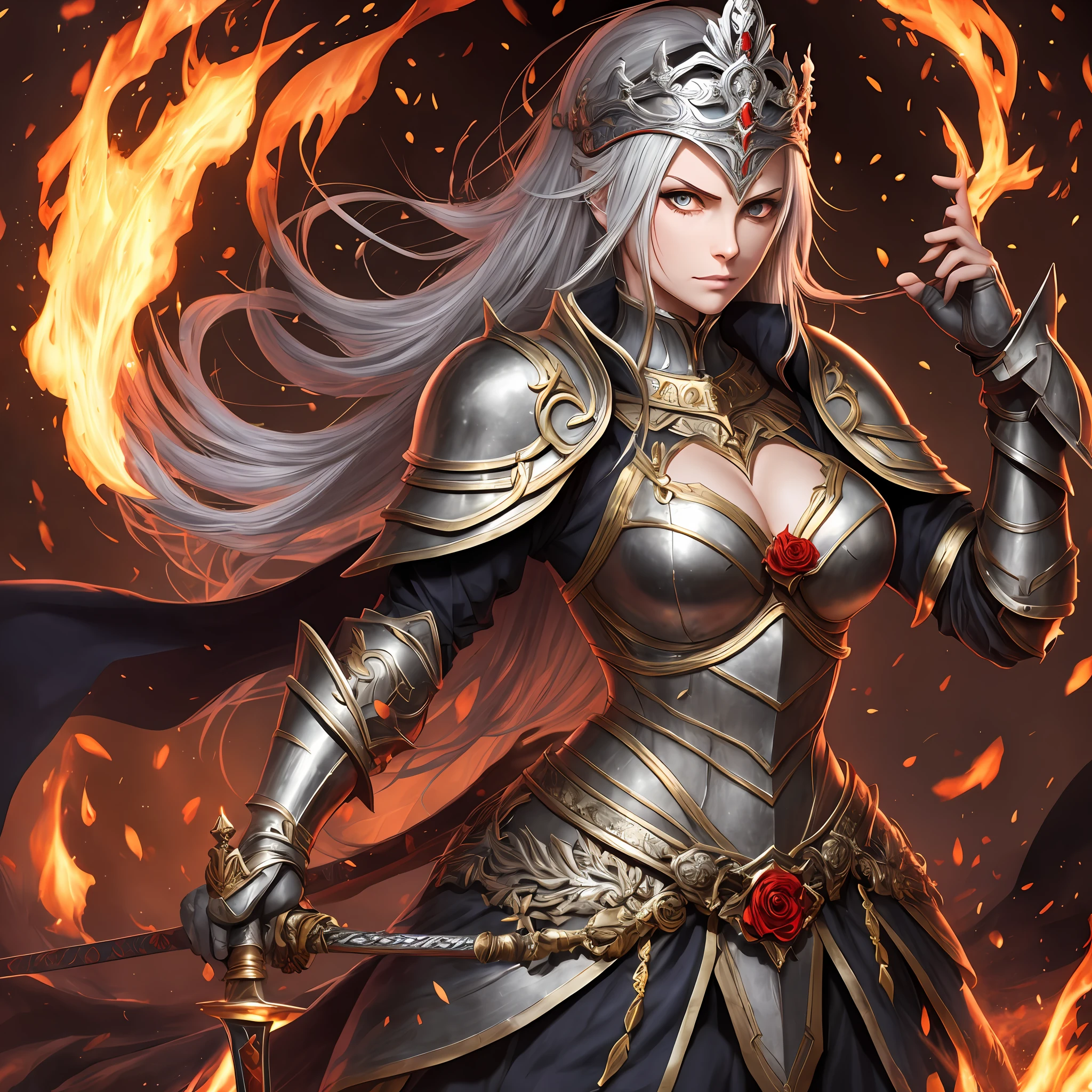 Jeanne Dark in armor (Material: Metal) Silver-colored stands in a circle of fire with a stern face, Rose in hand, sword in arm, There is a tiara on his head