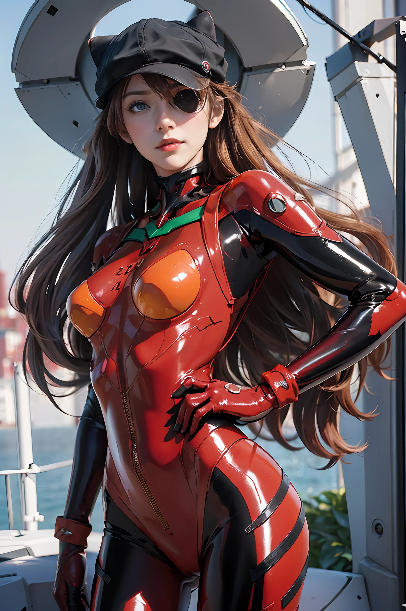masterpiece, 8K, 3D, Realistic, Ultra Micro photography, Best Quality, Official Art, Real Realism, Daylight, Bright colors, Daylighting, Theatrical Lighting, Pretty Face, (with large opaque black eye patch:1.4),(((1 woman))),25 years old, Tall, Small face, Perfect proportions, ( Sue Li Aska Langley, Sury Aska Langley, Plug suit 02:1.2)), ( Wearing a black cat hat deeply),((Blue eyes, beautiful face, Beautiful eyes))), wet eyes, glowing eyes, detailed face, fine lips, narrow eyes, thin sharp pale eyebrows, long eyelashes, long lower eyelashes, double eyelids, ((full: 1.3)), (from below: 1.1)), dynamic angle, posing with hands in pockets, sullen look, realistic skin texture, visible pores, seductive smile, Gentle look, fleeting appearance, slender and muscular, high-leg swimsuit: 1.1, thin and muscular, (Shine Red High Gloss Suit: 1.1), (Dark Red Rubber Suit with strong metallic luster and smooth surface), Dark red bodysuit shining like a mirror, (Dark Red Latex suit), Mirror shining,( large connection terminals under the chest in a precision circle: light metallic and silver: 1.3)), precision circular shoulder metallic and large silver connection terminals: 1.1, light metallic green part of the shoulder blades, Beautiful female hands in red tight latex gloves, (black tie latex with a strong metallic sheen on the inside of the arm), Two simple black wide latex from thighs to buttocks, (full body composition standing in model pose on battleship deck at sea with realistic details: 1.1), (dynamic and realistic sea background: 1.3), (dynamic and realistic clear sky, strong sunlight: 1.2), logo pattern 02 between breasts, loneliness, blush, shyness, TO8 contrast style, (glossy), Delicate clothing wrinkles, beautiful light brown hair, DSLR, Fujifilm XT3, Sharp Focus: 1.0, maximum clarity and sharpness, accurate simulation of the interaction of light and matter,