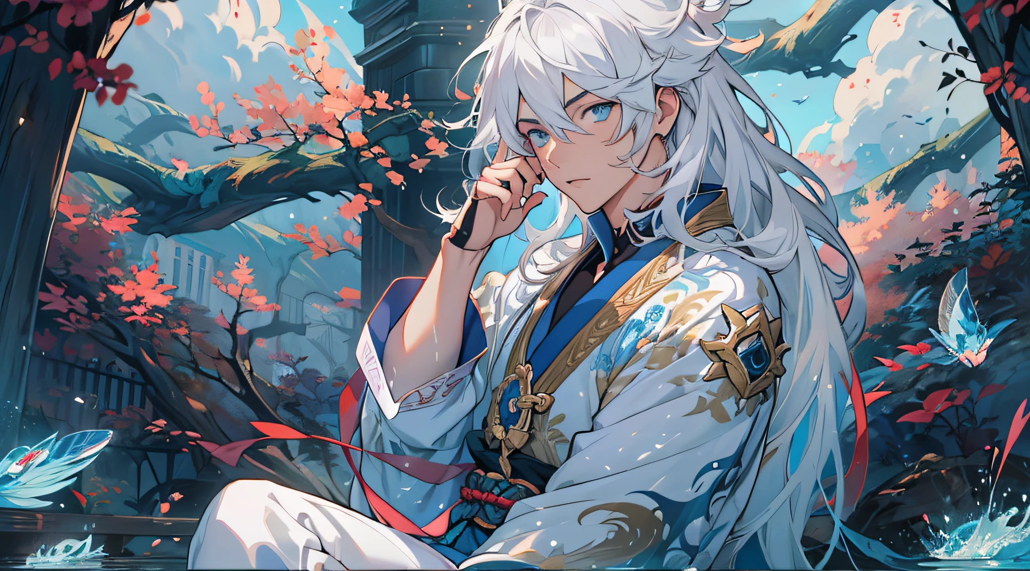 anime man with white hair and blue eyes, portrait knights of zodiac man, azure. detailed hair, white haired deity, crisp clear rpg portrait, detailed digital anime art, astri lohne, onmyoji detailed art, detailed anime character art, genshin impact character, black blue shirt, black suite, Portrait, sitting on ground, nature, star, moon, city, water
