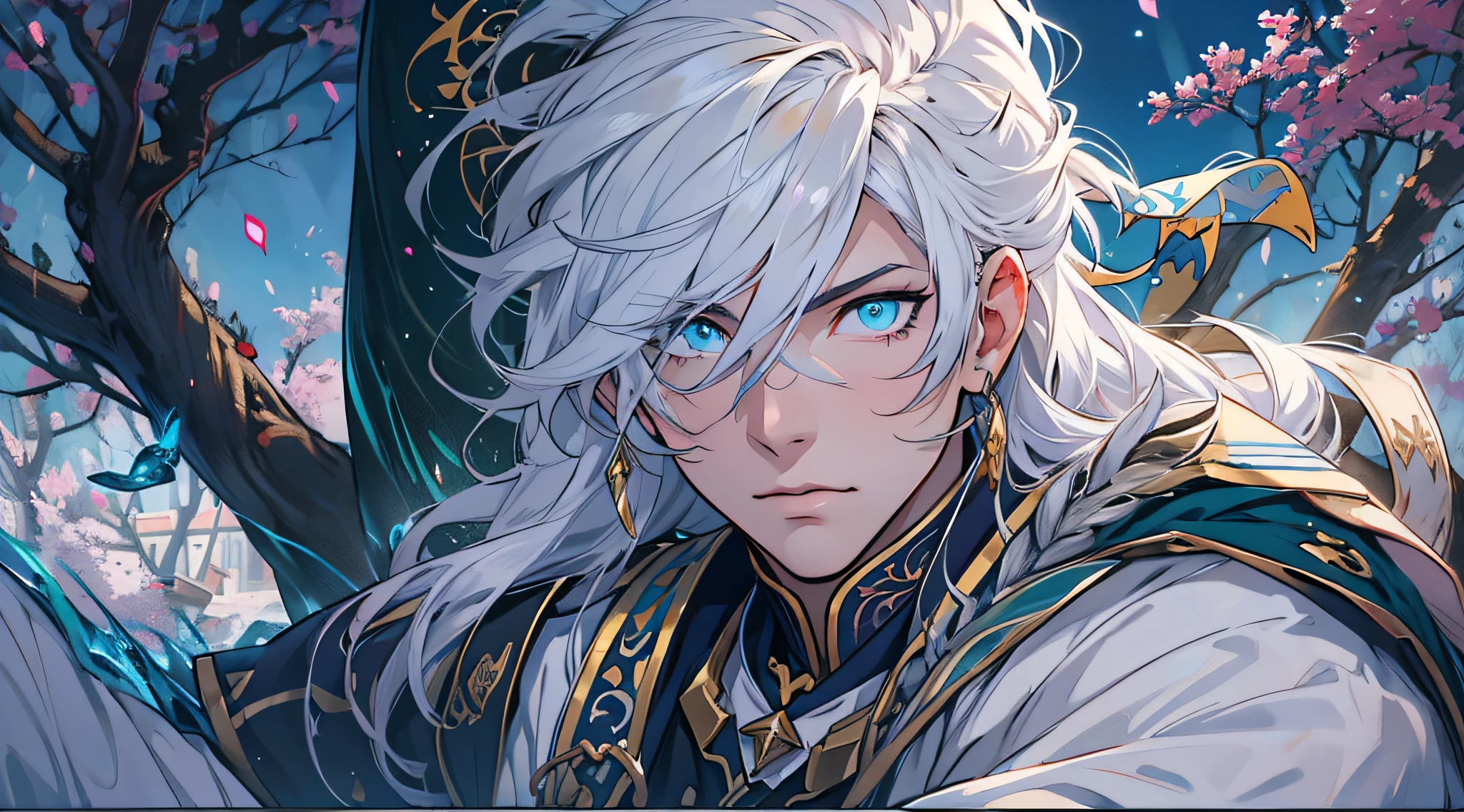 anime man with white hair and blue eyes, portrait knights of zodiac man, azure. detailed hair, white haired deity, crisp clear rpg portrait, detailed digital anime art, astri lohne, onmyoji detailed art, detailed anime character art, genshin impact character, black blue shirt, black suite, Portrait, sitting on ground, nature, star, moon, city, water