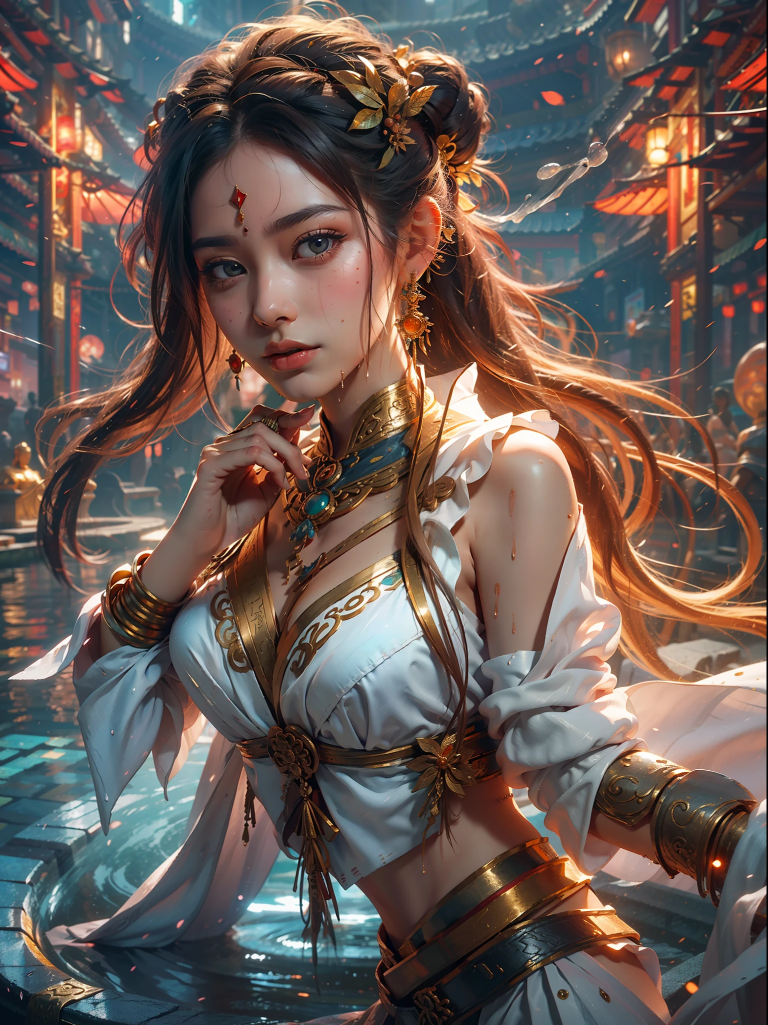 A Buddhist Bodhisattva Girl, (Masterpiece, Top Quality, Best Quality, Official Art), (KPOP idol), (Super Long Hair, Messy Long Flowing Hair, Light Pink Long Hair), Delicate Jewelry, Delicate Bracelet, Delicate Hair Ornament, High Feeling, Aperture in the Back, Fairy Fluttering, Looking Up View, Barefoot, Golden Bracelet on Ankle, Ancient Chinese Costumes, (Conservative Clothes), (Gorgeous Silk, Flowing Tulle, Flying Silk Around), dazzling background, Golden aperture on the back, gold Falun on the back, best light, best shadow, movie lighting, mystery, background pure black with ring aperture, ultra HD, 8k, fair skin, Wolp_style, duhuang_style, upper body close-up, detailed face, (sideways: 1.5), 28 years old, 1girl, well-dressed, super long clothes, one leg on the ground, left hand to do Buddha hand on chest, the other raised above the head to do bergamot, surrealism, photo, realistic,{(Surfacing from the clear pool,(Splashes around the body: 2.0), Splashes, Water ripples)}, (Wet clothes: 1.5) (Wet body: 3.0), (Wet hair: 1.5)}, Mid-chest, 48KG weight, smooth skin, light blue pupils, detailed eye painting, (Super white skin, supple skin), (Face focus, bending over to look at the camera, snap), light hitting the face