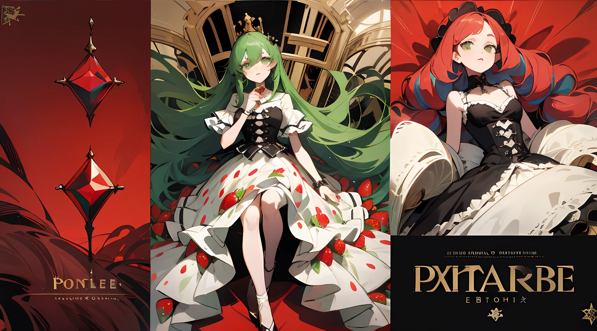 Three-view of roles,character design,Character design,Three View,full bodyesbian,frontage,Lateral face,on back,Set,ta prostitute,Very gorgeous,Maximalism,extreme hight detail,RococoStyle,Super long hair,Complex accessories,Complex hairstyles,Strawberry theme,dark red color,green color,strawberry hair ornament,Strawberry-shaped gemstone,Skirts of various materials,Different fabrics,Dark green hair,sceptre