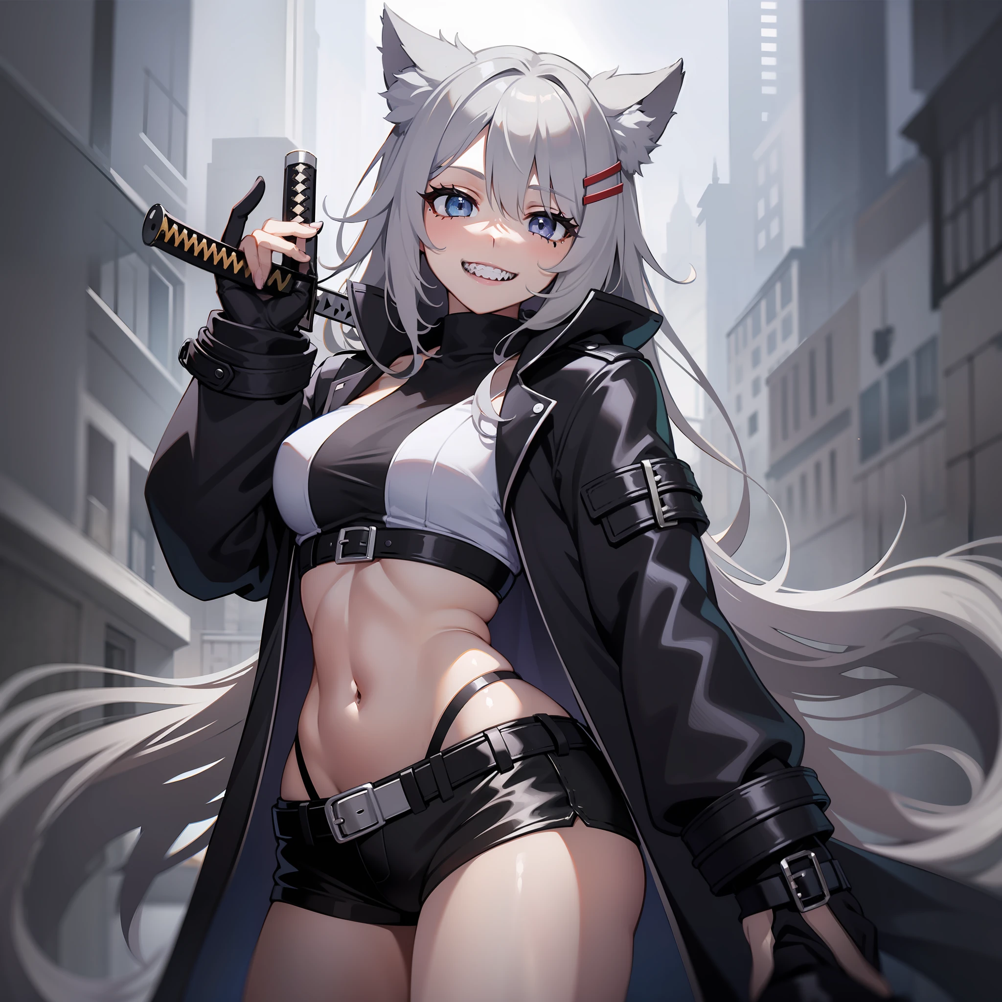 Girl with gray wolf ears，Long hair dull gray，grey wolf tail，Black trench coat，Black leather shorts，There is a scar on the right eye，Smooth thighs，There are pronounced black crystals on the skin，Black boots，There are sharp teeth in the mouth，smiling with teeth，With a gray katana，Full body photo of the front，There are two black hairpins on the hair