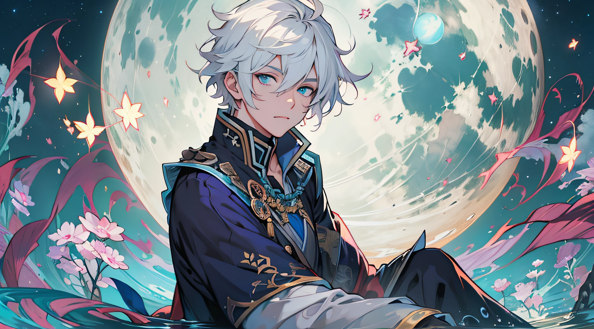 anime man with white hair and blue eyes, portrait knights of zodiac man, azure. detailed hair, white haired deity, crisp clear rpg portrait, detailed digital anime art, astri lohne, onmyoji detailed art, detailed anime character art, genshin impact character, black blue shirt, black suite, Portrait, sitting on ground, nature, star, moon, city, water