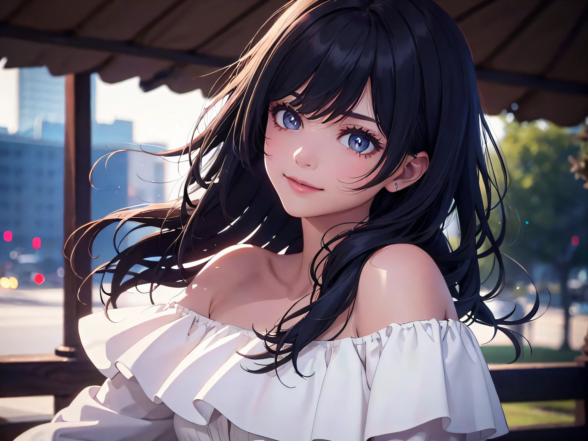 (Best Quality:1.2, 8K, Sharp Focus, master piece: 1.2, Cinematic Light, extremely details CG, beautiful Girl, reality, Detailed face textures, Realistic skin, beautiful makeup, Detailed bangs)), (depth of fields), Bokeh background, Head tilt, Smile, closes mouth, shiny black long hair, Cowboy Shot, white bare top mini dress, jacket off shoulder, wind