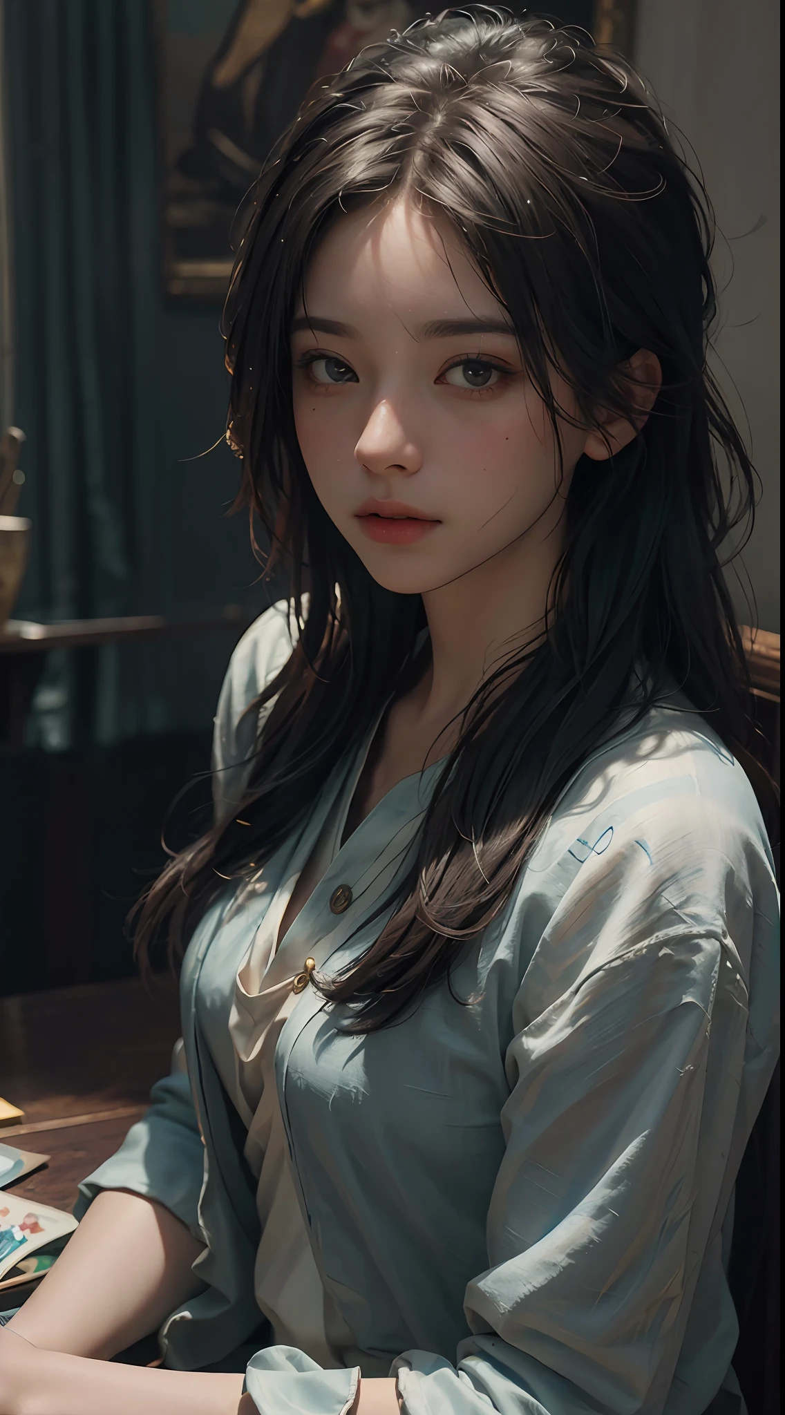 (RAW photo, best quality), (realistic, photo-realistic:1.3),best quality,highly detailed,masterpiece,ultra-detailed,illustration,1girl,upper_body,dynamic angle,world masterpiece theater,messy_long_hair,best quality,extremely detailed CG unity 8k wallpaper,ink,Amazing,cinematic lighting,lens_flare, dunhuang_style