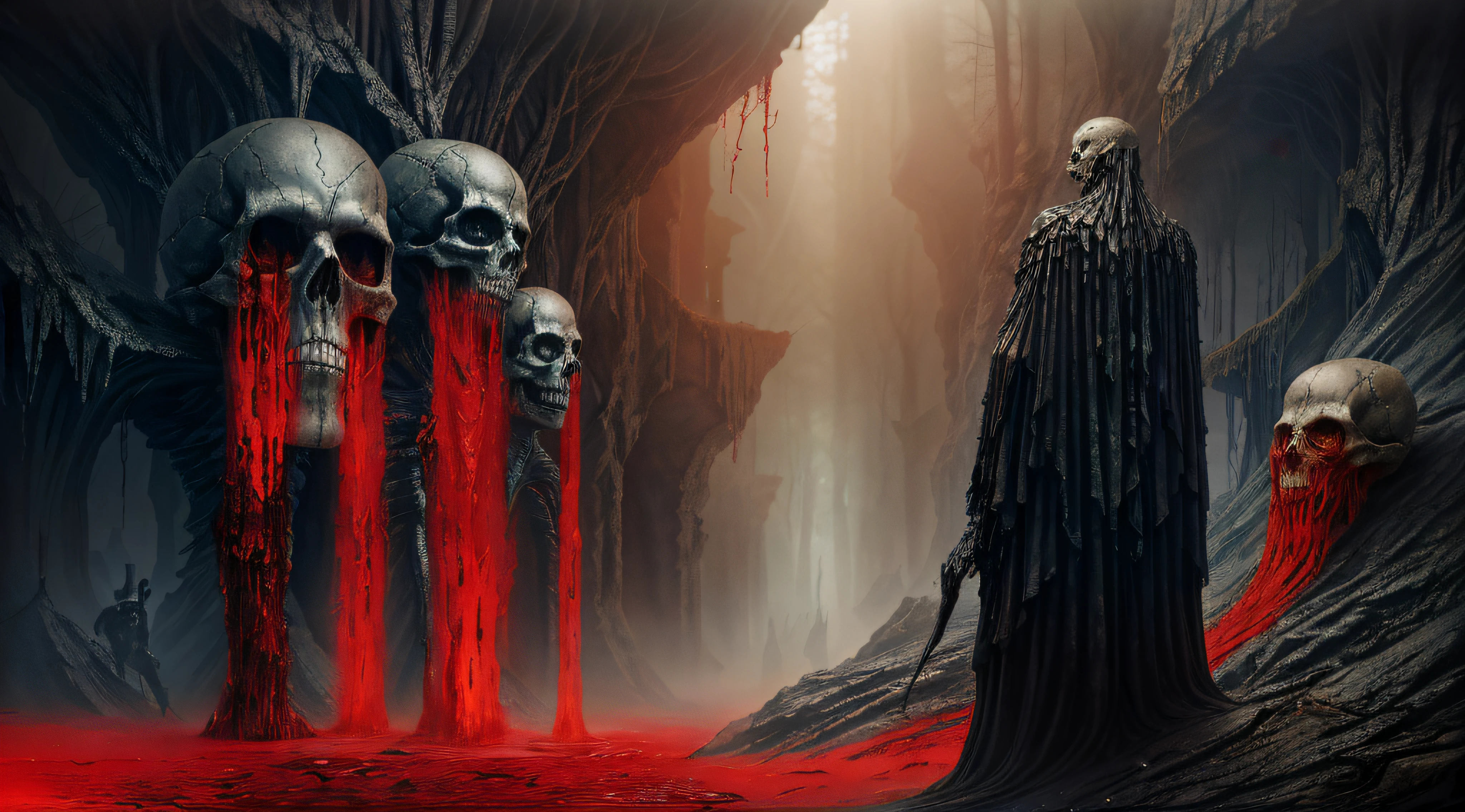 dystopian,Zdzisław Beksiński style,Black Skull Cave,Rained,up-close,Grandiose scenes,Marvel at the scene,Black metal skeleton zombie man,Wide shot, From below, From behind, Dutch angle,Blood flow,Scary atmosphere,Spooky atmosphere,MuCoi,Ultra-wide angle, Sony FE GM,Rivers of blood flow,River of blood,The skeleton bleeds,Bleeding from the eye socket bone,Bleeding from the bones of the mouth,Bleeding from the bones of the nostrils