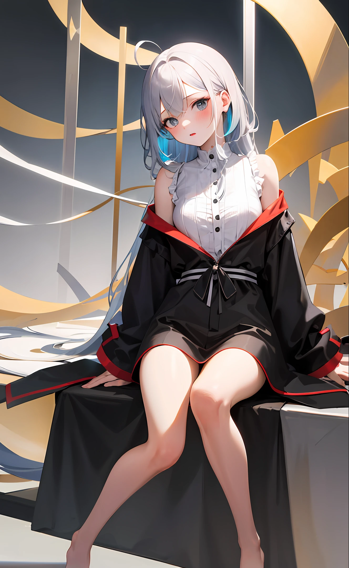 {pajamas},Bare_Legs,ahoge,Side sitting,mediating_Breasts,White_upper legs, {Best quality}, {{Masterpiece}}, {A high resolution}, {An extremely delicate and beautiful}, Original, extremelydetailedwallpaper,1girll,{Colorful},{Vivid colors},{Vivid},{Flat color},{Hand detail},{{Correct hand structure}},{Hand fan}