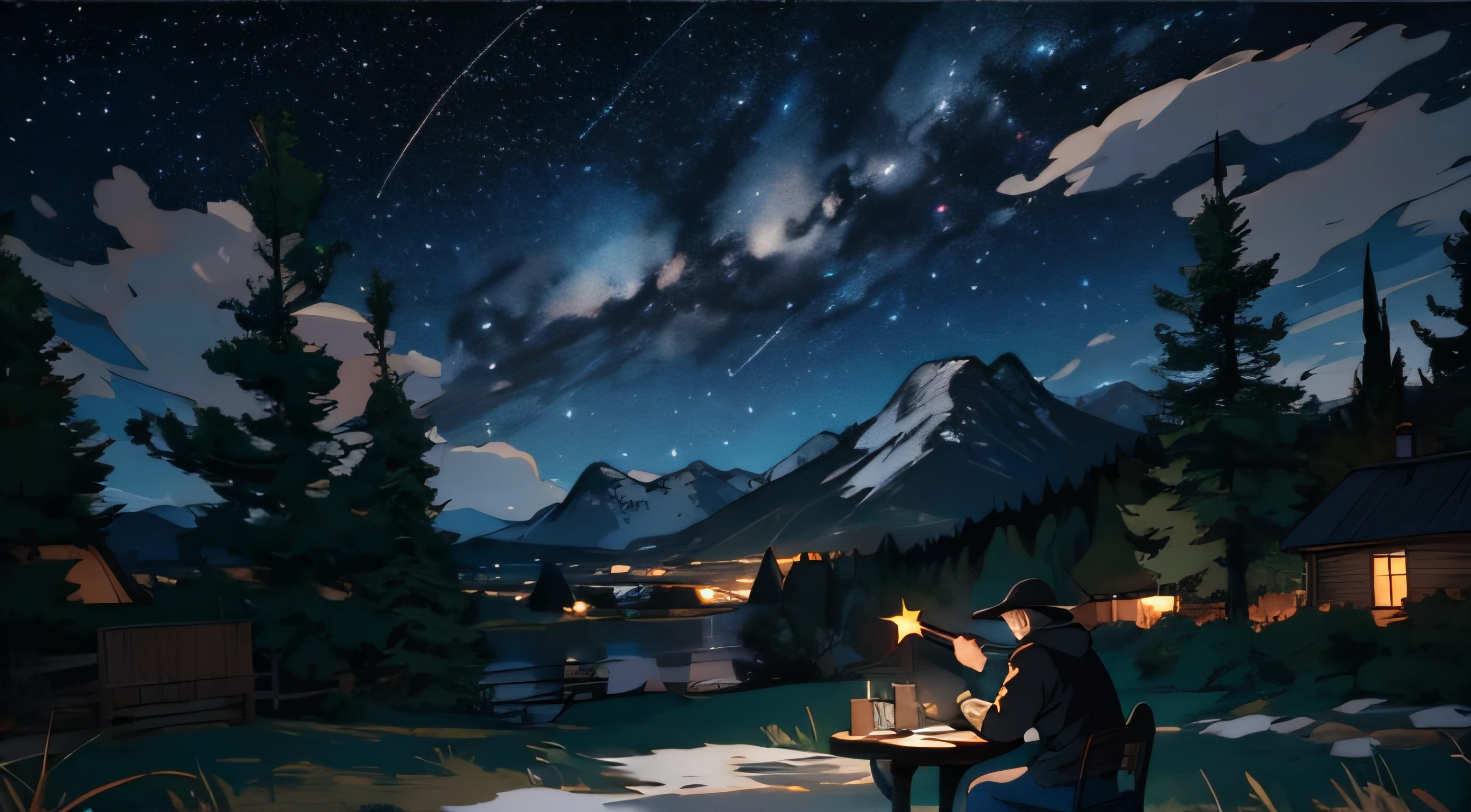 Starry Night painting with a man sitting at a table, star night!!!!!!!!!!!!!!!!!!!!, painting of a dreamscape, in the starry night, stary night painting, dark starry night, style of van gogh starry night, baroque painting. star lit sky, Starry Night Sky, nighttime scene, Starry night, dream scenery art, van gogh art style, its a deep dream