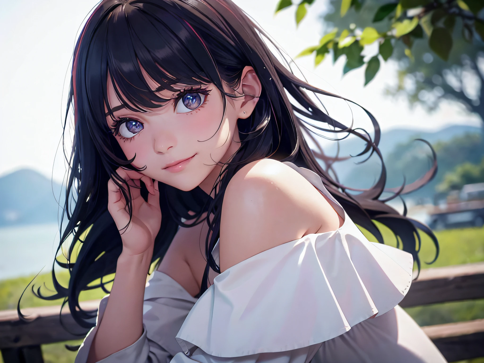 (Best Quality:1.2, 8K, Sharp Focus, master piece: 1.2, Cinematic Light, extremely details CG, beautiful Girl, reality, Detailed face textures, Realistic skin, beautiful makeup, Detailed bangs)), (depth of fields), Bokeh background, Head tilt, Smile, closes mouth, shiny black long hair, Cowboy Shot, white bare top mini dress, jacket off shoulder, wind