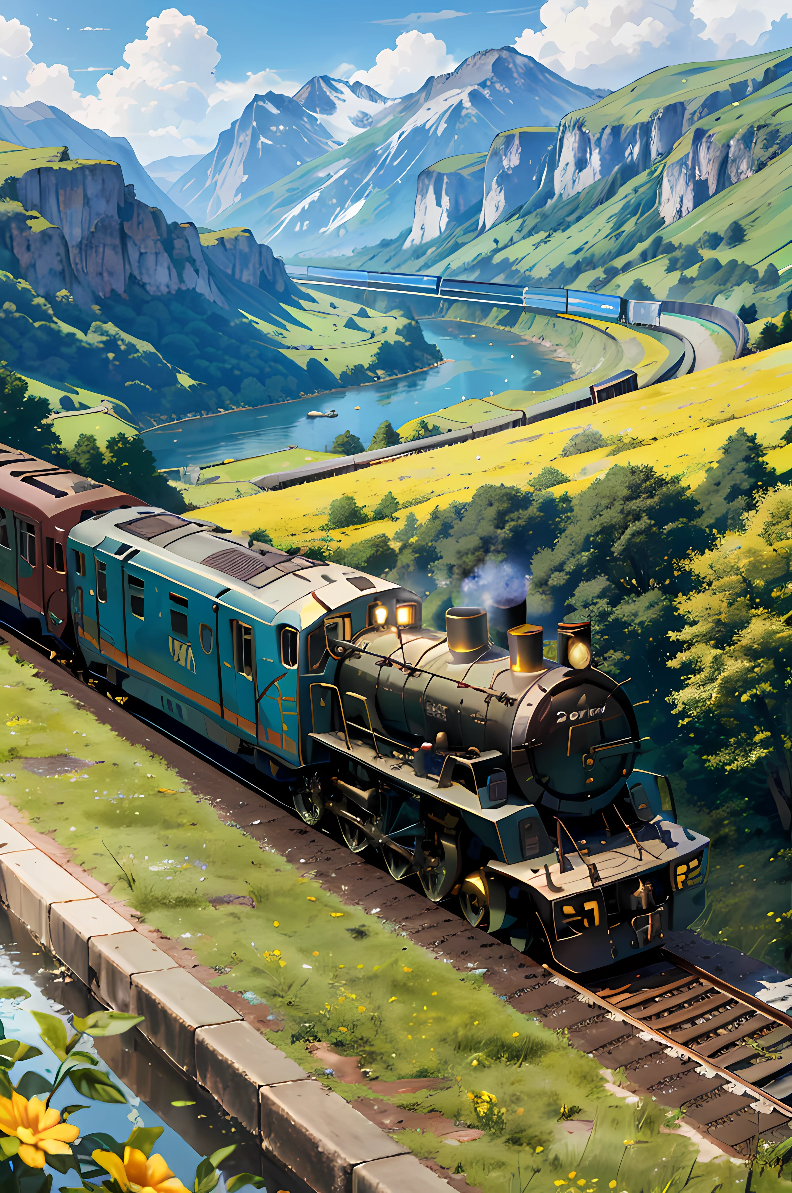 (trains:1.5),European landscape, Mountains , vale, railway, A handsome man, Tom cruise ,(Ride a motorcycle:1.2),At the bottom right of the screen,standing near a cliff,Bring sunglasses, Black special operations uniform, Parachute bag, Black motorcycle, byself, jaket, Brown hair, mitts, Watch the train, Clouds, scenery, Green trees, Nature, florals, Yellow flowers, forest, Blue sky, grassy, sunny clear sky, farm land, A river, A railway , Dotted with woods and lakes ,Inspired by:《mission impossible》, (8K, RAW photo, Best quality, tmasterpiece: 1.2), ( Photorealsitic: 1.37), (Best quality), 超高分辨率, Extremely detailed 8K, CG wallpaper, Physical rendering, Cinematic lighting, full bodyesbian, (Bokeh: 1.4), Surrounded by golden light, Super beautiful, bright halo