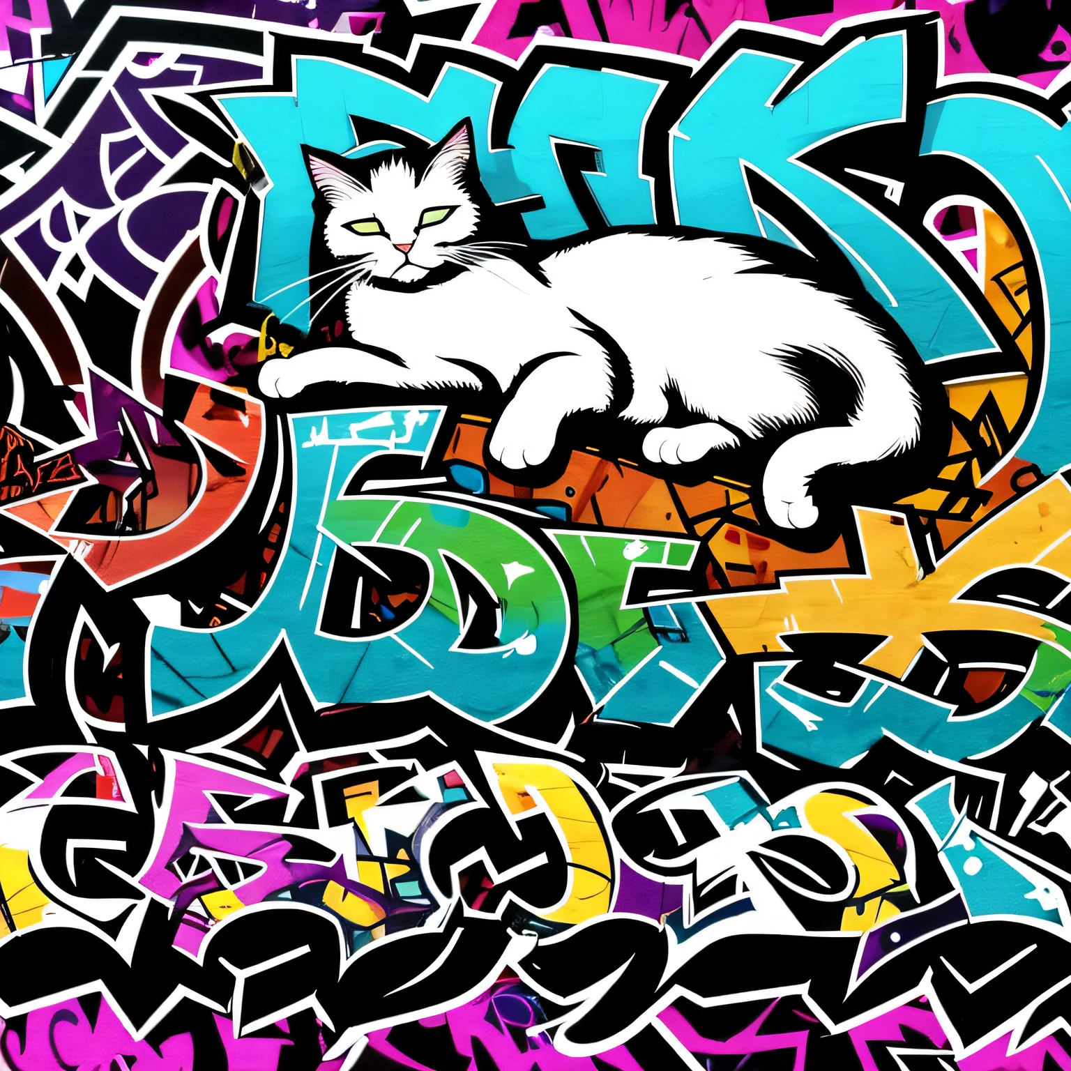 Sleeping on back Cat background with graffiti --auto