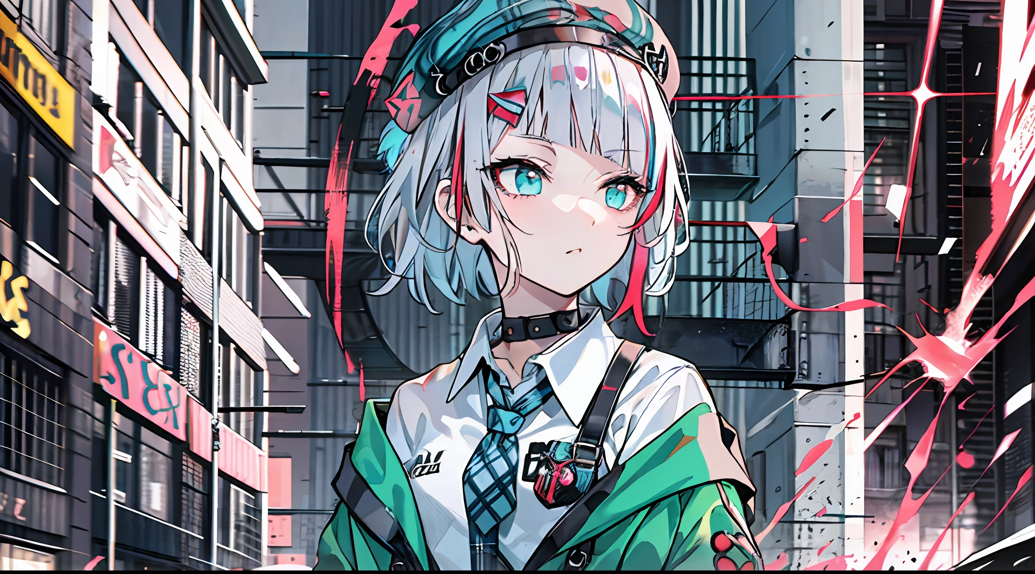 best quality, masterpiece, 1girl, solo, red gradient streaked hair, short hair, white hair, lily (wacca), black beret, plaid skirt, choker, cyan sweater jacket, collared shirt, black plaid necktie, sleeves past fingers, blunt bangs