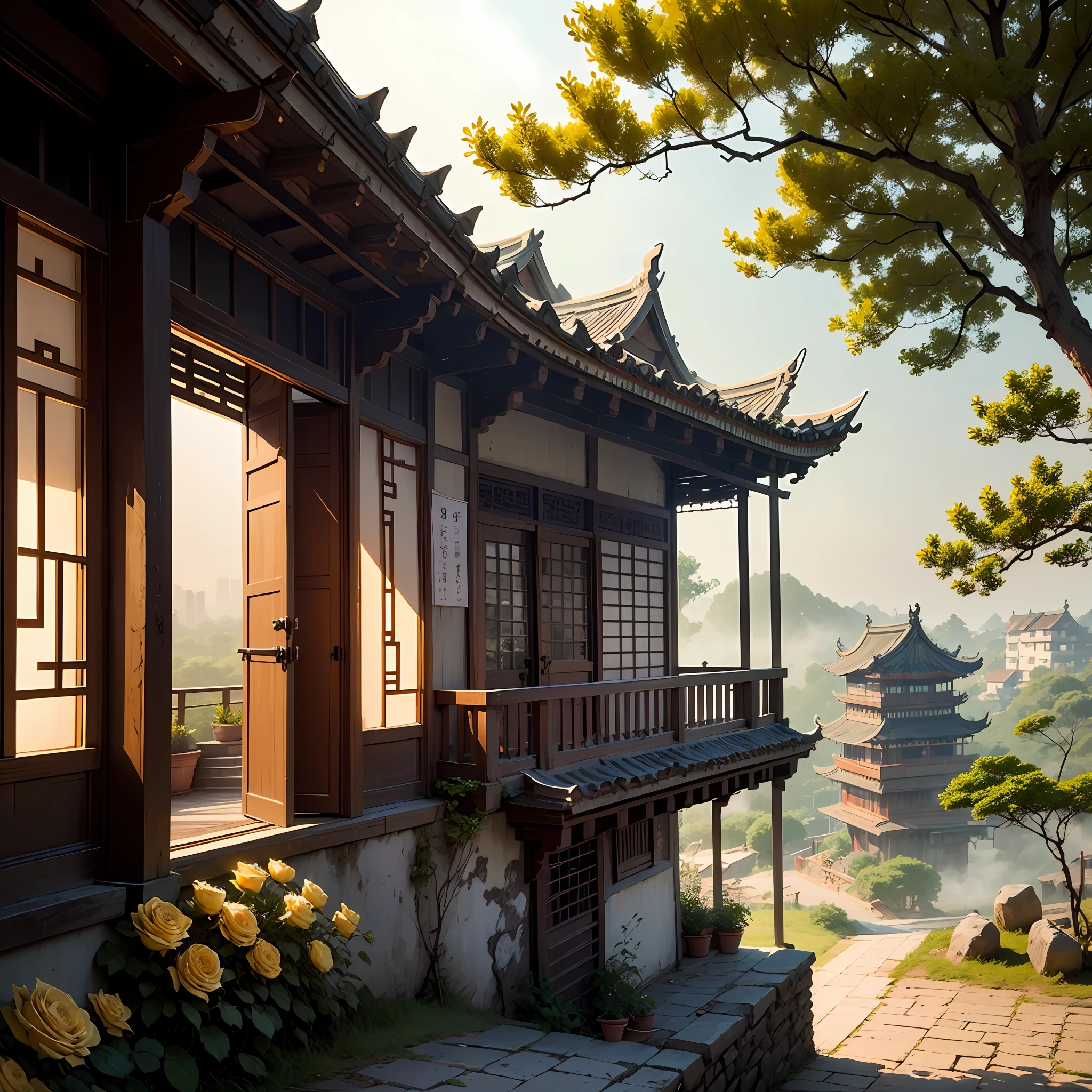 evening light，The hillside is full of yellow roses，The old house in Jiangnan is dry，Tree green, mist, humid age，Very obvious details，The effect of HD shooting --auto