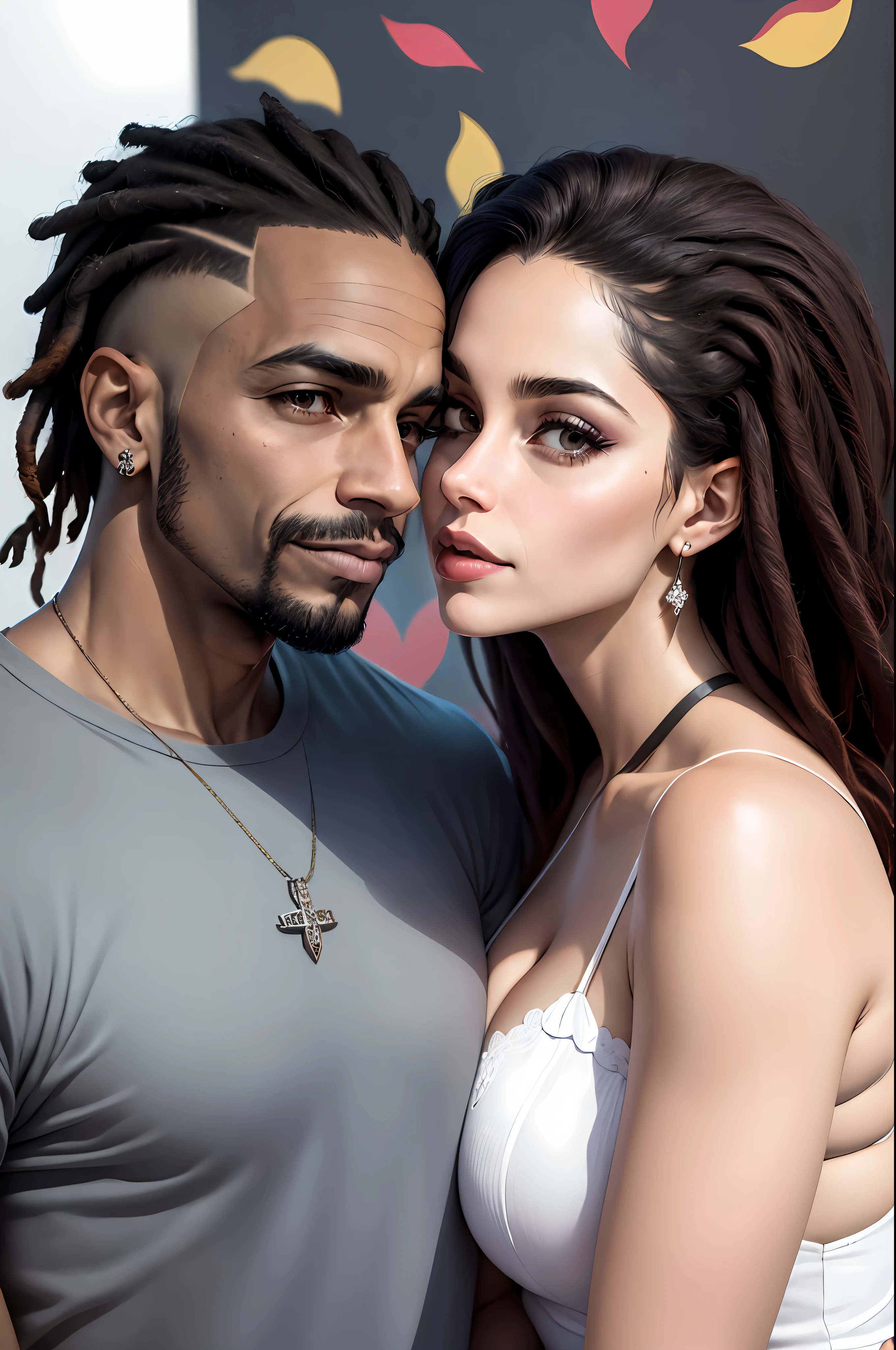 Romantic couple kissing on the mouth, linda mulher brasileira caucasiana (officer lady)de terno cinza,homem negro de terno preto cabelo dreads curto preto raspado.