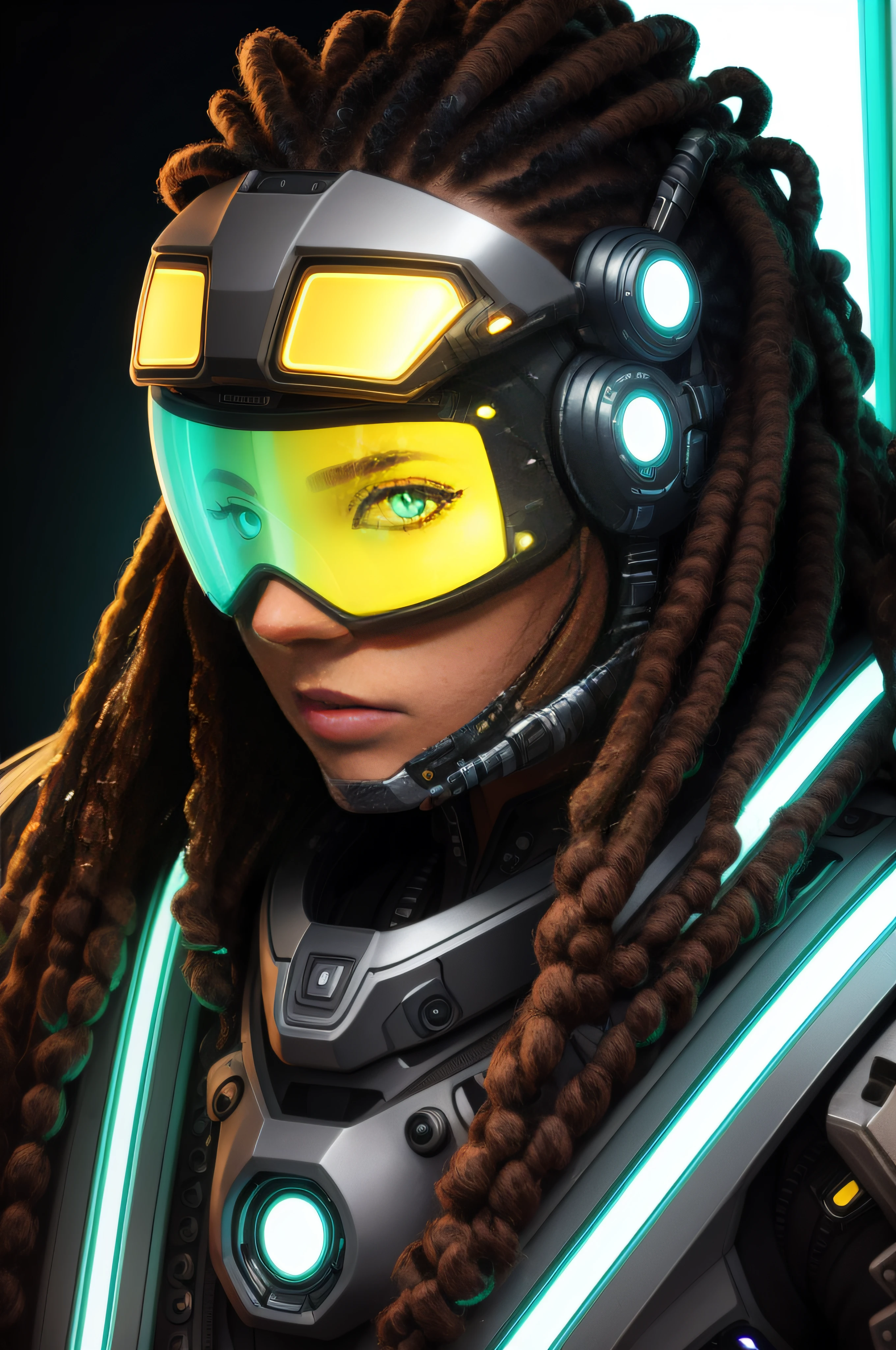 masterpiece, best quality, upper body, close-up of a fantastic looking cyborg girl in a fantastic cyber helmet with dreadlocks neon inserts with glass and metal, in glossy color with elegant details, HDR, ray tracing, rich details of light and shadow, outside, extremely detailed, random camera angle --auto