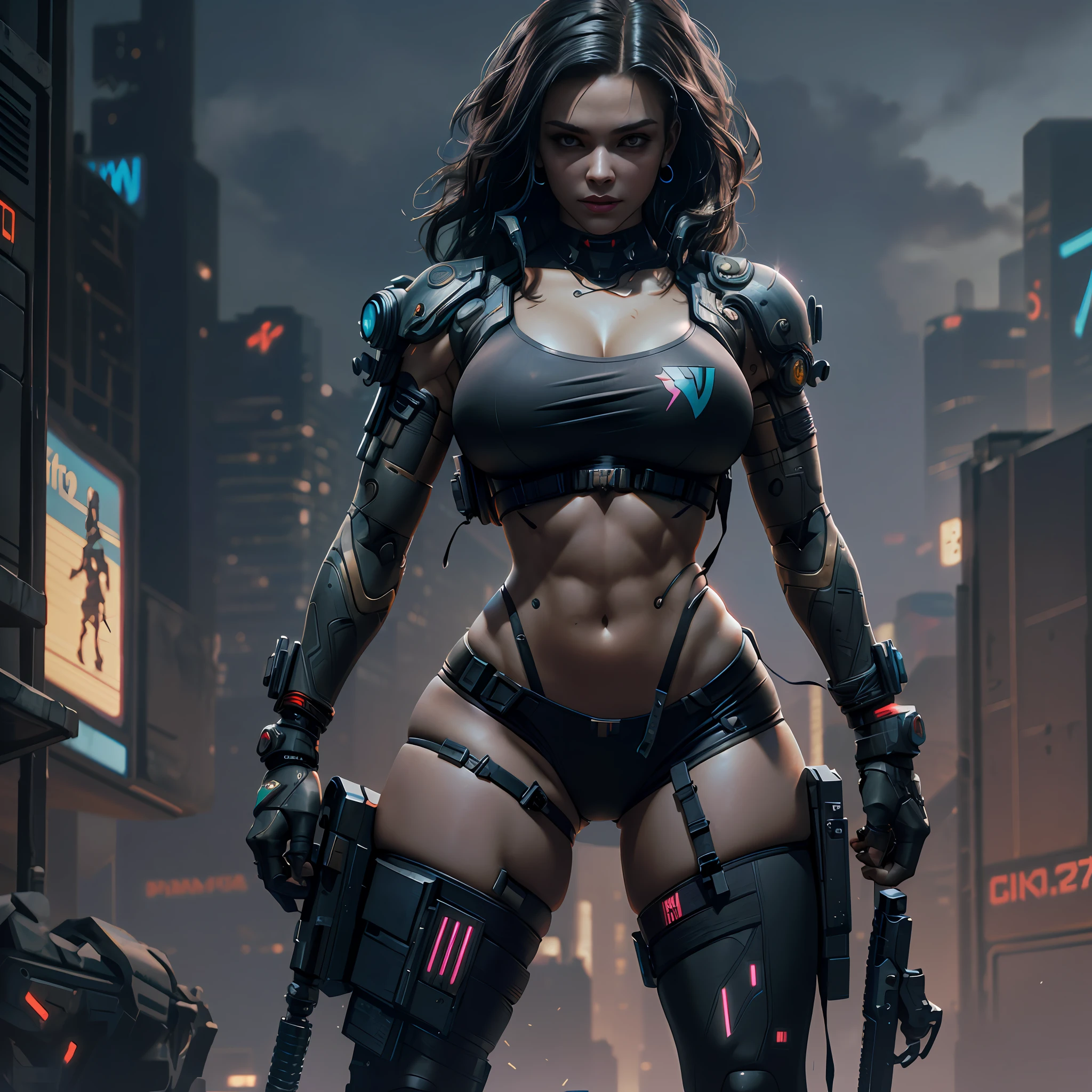 female cyborg, assassin,(big breastes), (perfect anatomy), (sports body), (Sexual), (thick-thighs), (perfect arms), Cyberpunk 2077 Style, Dark ambient