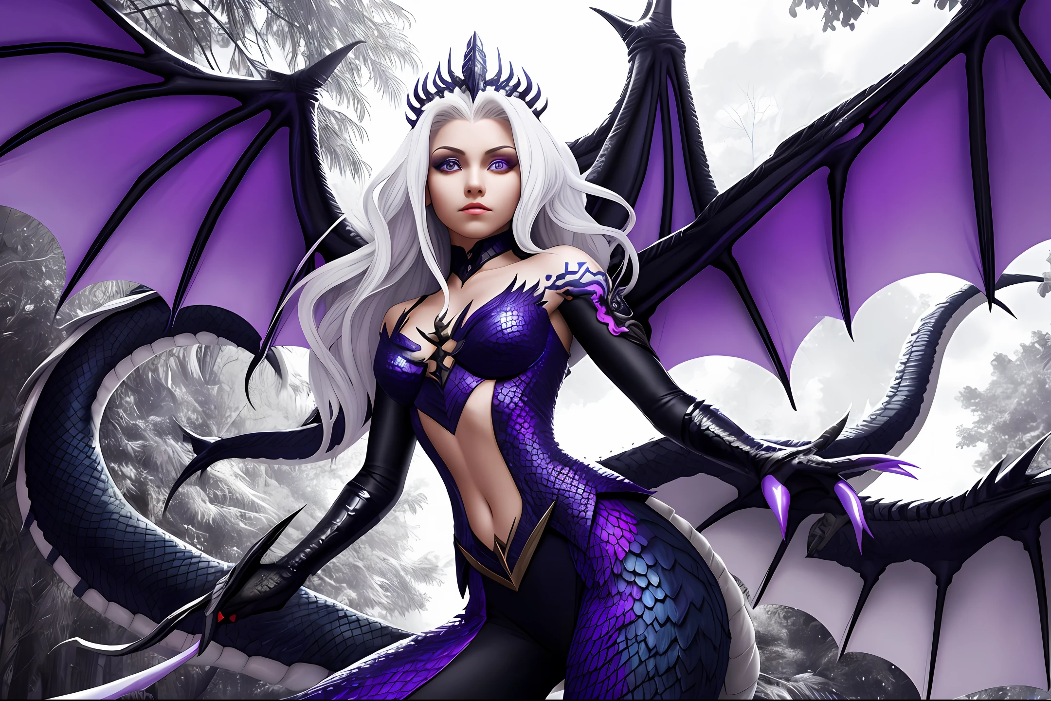Emphasis on Western female dragon people(Stunning beauty,Need),Emphasis on heterochromic vertical pupils(One purple and one green),Emphasize the pupil of Medusa,Emphasis on silvery-white hair,Emphasis on Dream Dragon Wings,Emphasize that the whole body is wrapped in white dragon scales,Emphasize the purple lightning in the eyes,Emphasis on sharp dragon claw hands,(Very detailed CG unity 8K wallpaper,tmasterpiece,best qualtiy,ultra - detailed,beatiful detailed eyes:1.2),best illuminate,(The best shadow,Extremely refined and beautiful,full bloom),(1girll:1.4),独奏,Emphasize the whole body weird tattoo(Flowers on the other side of the world,Full Covered),(Colorful dragon:1.4),A natural killer,Enchanting danger,Emphasize the perfect combination of dragon and human characteristics,Emphasis on exquisite costumes and conservative women's forms(Be proud,Ruthless,Work with your heart,Insidious and cunning,Good at hiding)