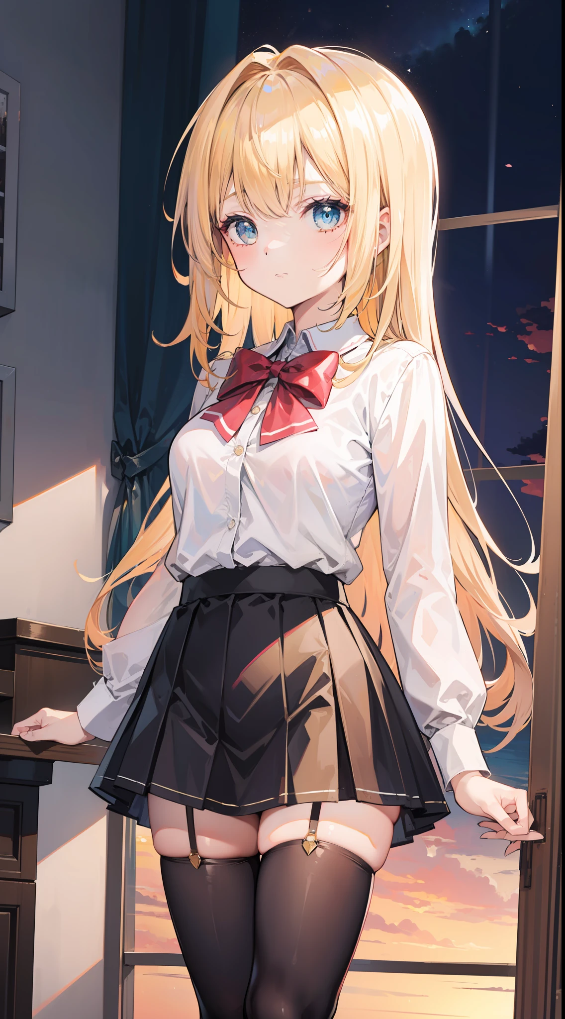 Masterpiece((tmasterpiece)),White color blouse,Red bow,((black micro skirt)),((((White transparent stockings)))),adolable,Raised sexy,Sunset,((Long yellow))Hair