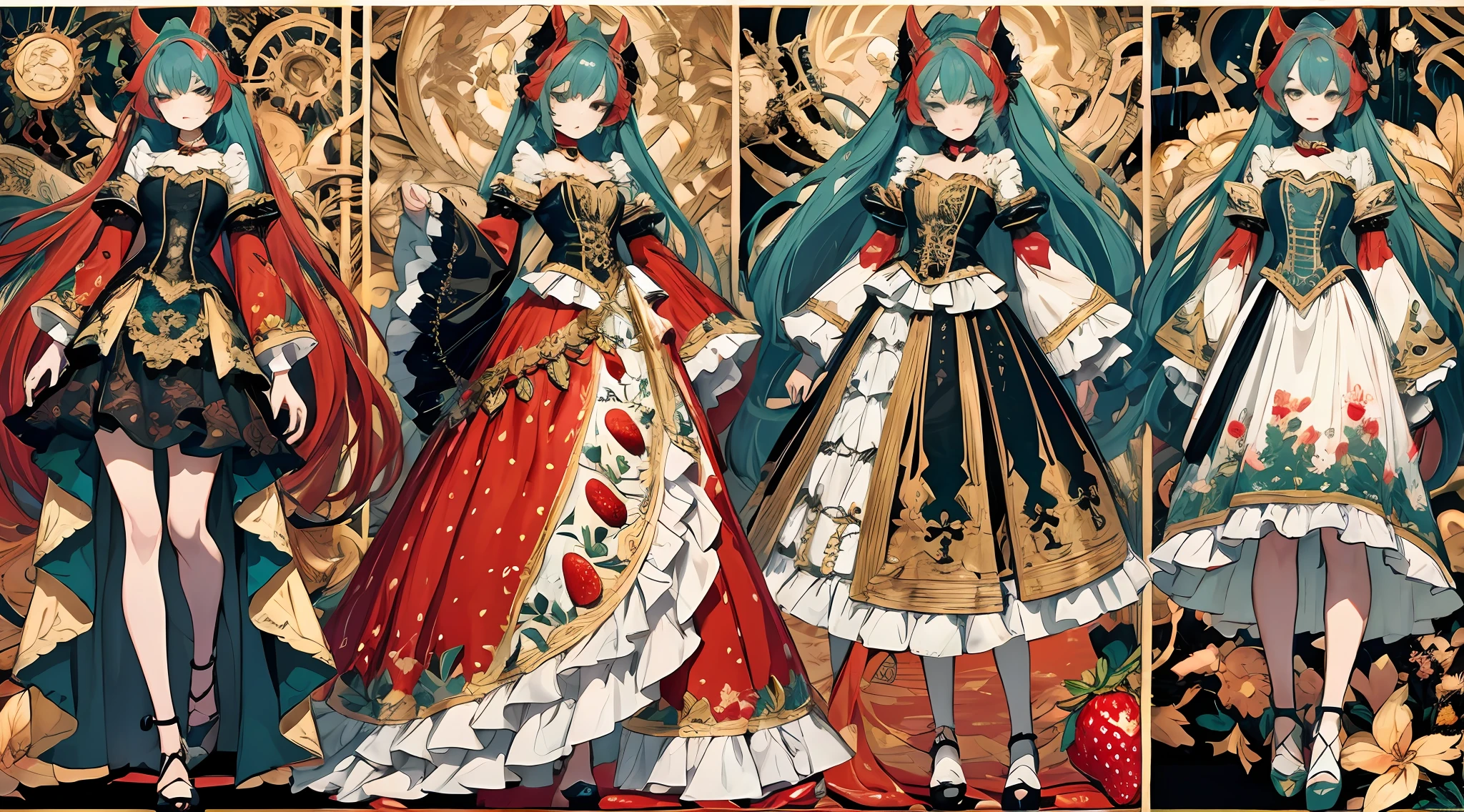 clothing design,character design,Character design,full bodyesbian,frontage,Lateral face,on back,Set,Lolita prostitute,Very gorgeous,Maximalism,extreme hight detail,RococoStyle,Super long hair,Complex accessories,Complex hairstyles,Strawberry theme,dark red color,green color,strawberry hair ornament,Strawberry-shaped gemstone,Skirts of various materials,Different fabrics,Different brightness and saturation