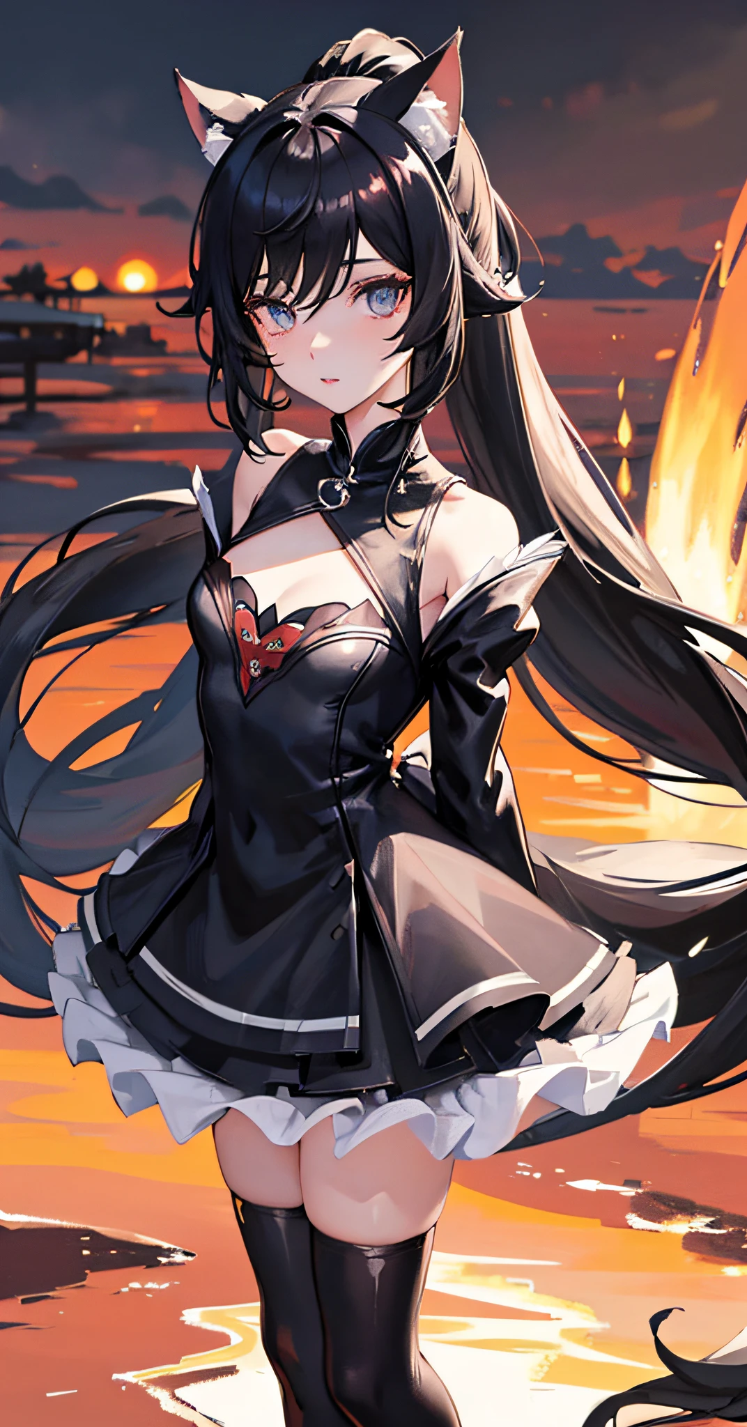 Cat Ear Girl, black ears, genshin impact,, portrait,1girl, White gloves,small breasts,sunset, black long hair, masterpiece,best quality,full body,(detailed),Bright color,looking at viewer,stand,,solo,revealing dress,Elegant,arms behind back,fluffy skirt,solo focus,high ponytail,winter clothes