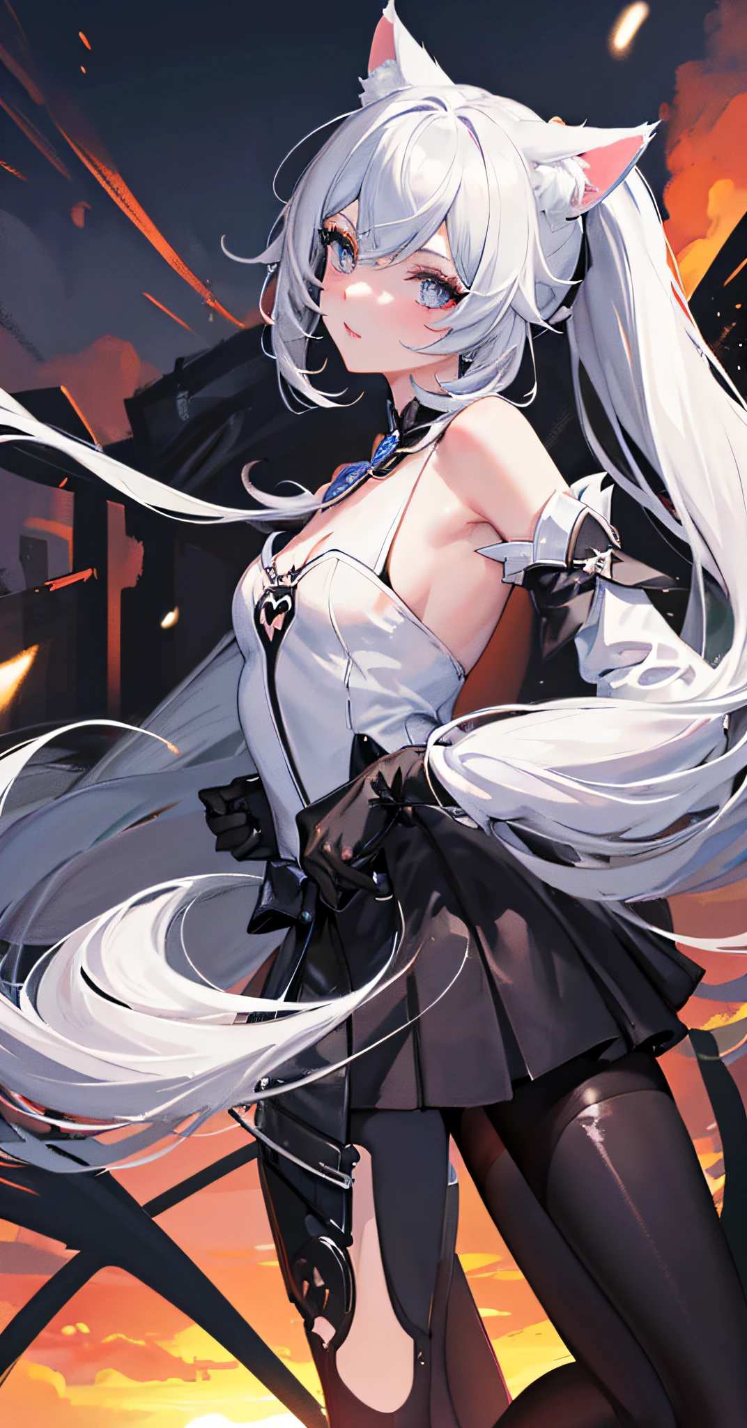 Cat Ear Girl, black ears, genshin impact,, portrait,1girl, White gloves，small breasts,sunset, black long hair, masterpiece,best quality,full body,(detailed),Bright color,looking at viewer,stand,,solo,revealing dress,Elegant,arms behind back,fluffy skirt,solo focus,high ponytail,winter clothes