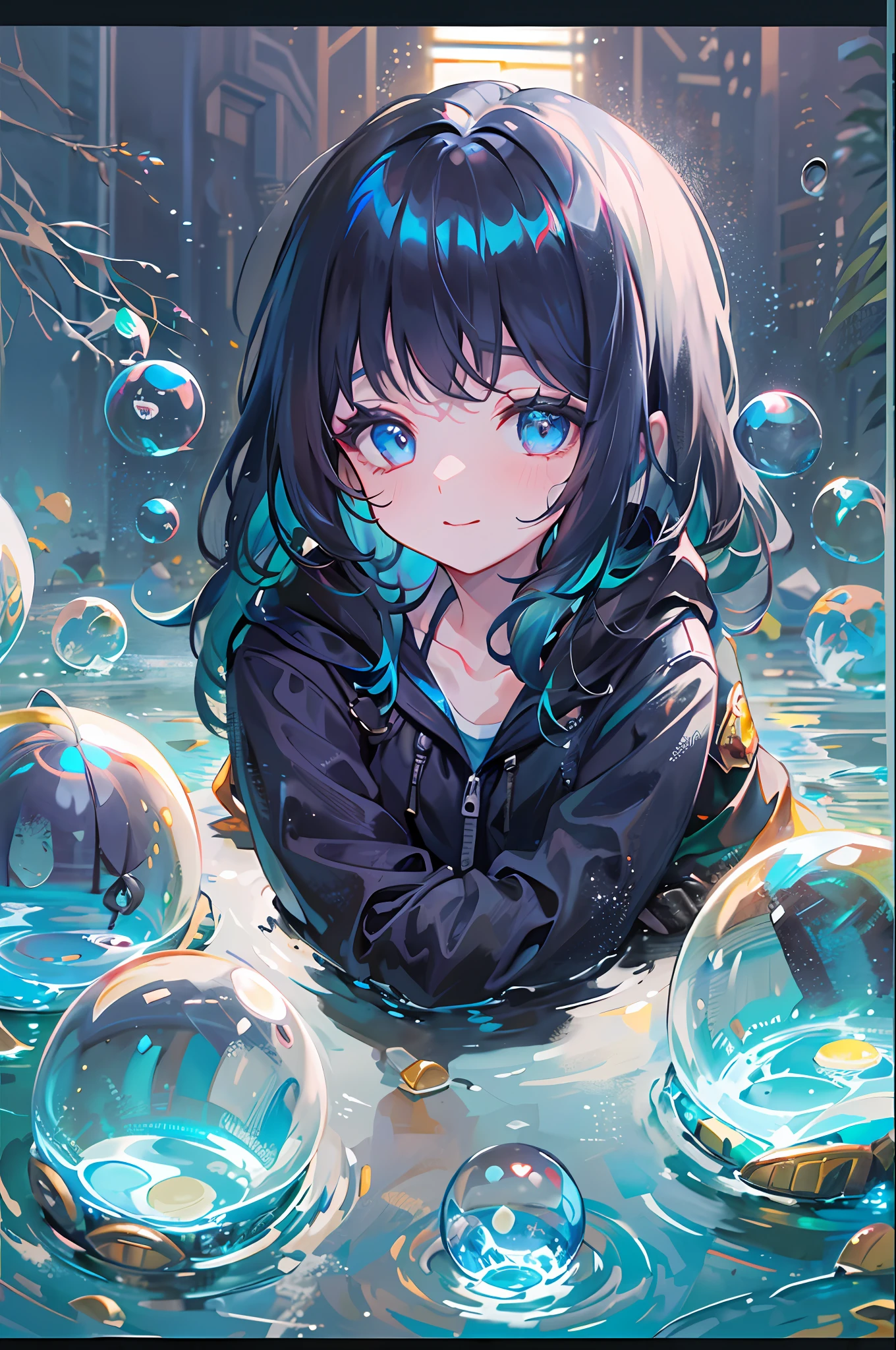 ((top-quality)), ((masterpiece)), ((ultra-detailliert)), (extremely delicate and beautiful), girl with, 独奏, cold attitude,((Black jacket)),She is very(relax)with the(Settled down)Looks,A dark-haired, depth of fields,evil smile,Bubble, under the water, Air bubble,bright light blue eyes,Inner color with black hair and light blue tips,Cold background,Bob Hair