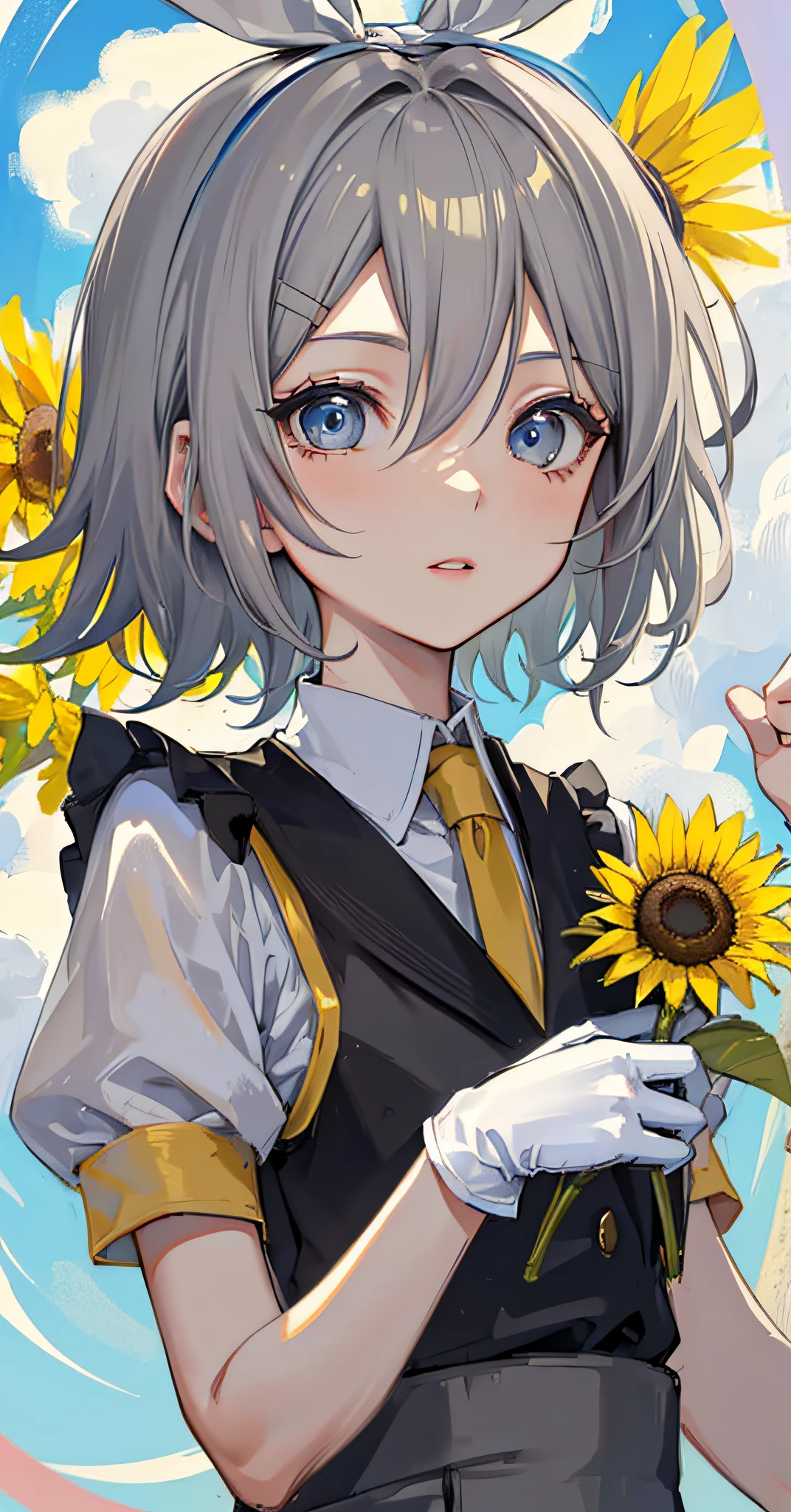 tradictional chinese style,((upper body)),(masterpiece, best quality), vividcolor, (kagamine rin:1.25), (short hair:gray hair:1.3), cyan eyes, , wind, sunflower,White gloves