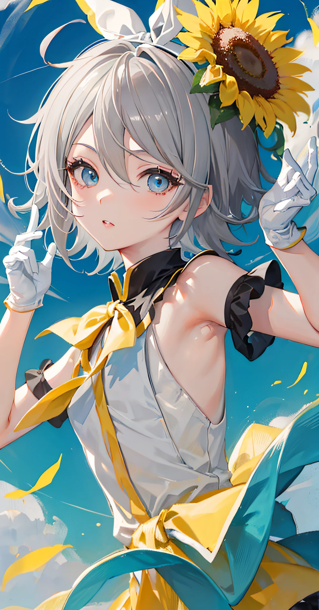 tradictional chinese style,((upper body)),(masterpiece, best quality), vividcolor, (kagamine rin:1.25), (short hair:gray hair:1.3), cyan eyes, loli, wind, sunflower,White gloves
