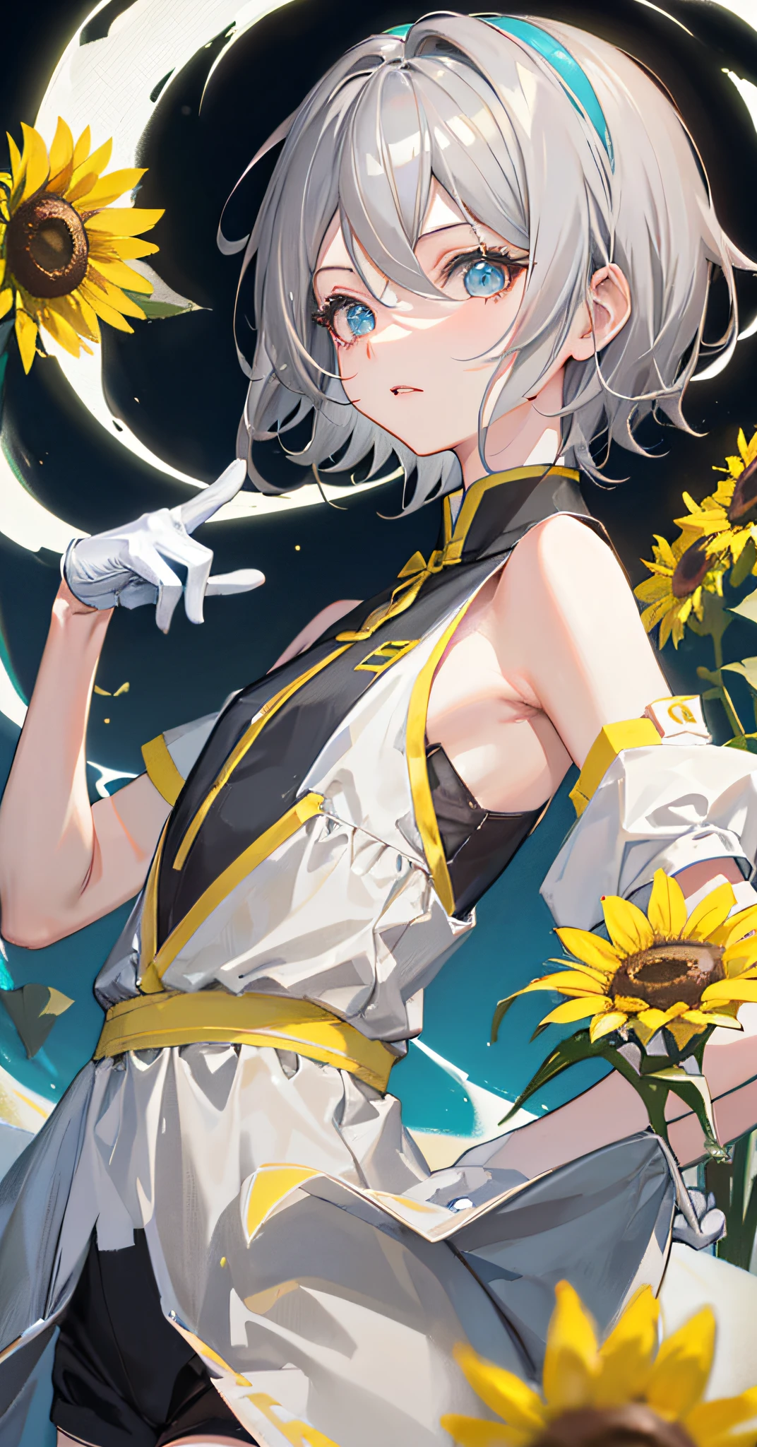 tradictional chinese style,((upper body)),(masterpiece, best quality), vividcolor, (kagamine rin:1.25), (short hair:gray hair:1.3), cyan eyes, , wind, sunflower,White gloves