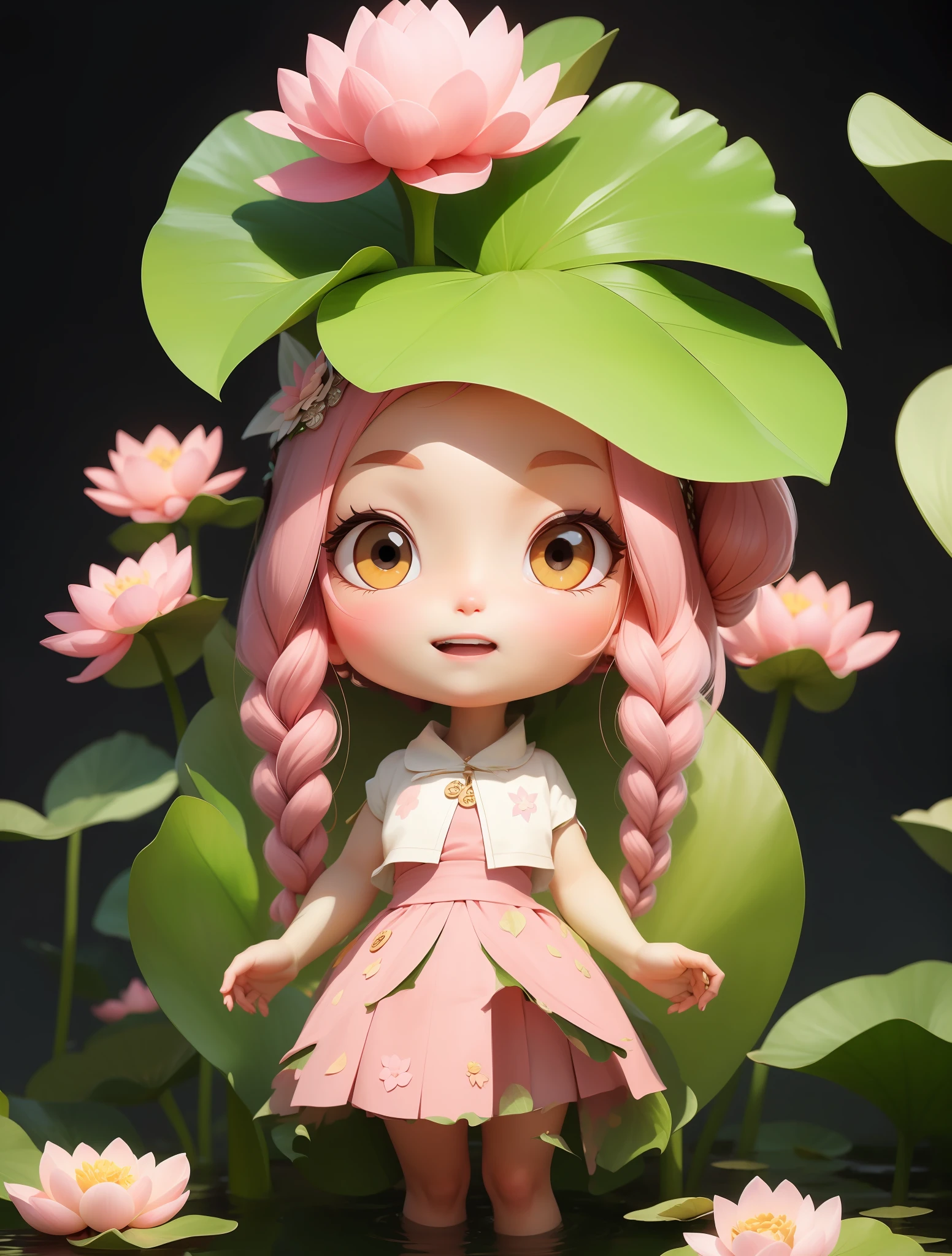 A pink-haired,Lotus tiara、Lotus leaf headdress