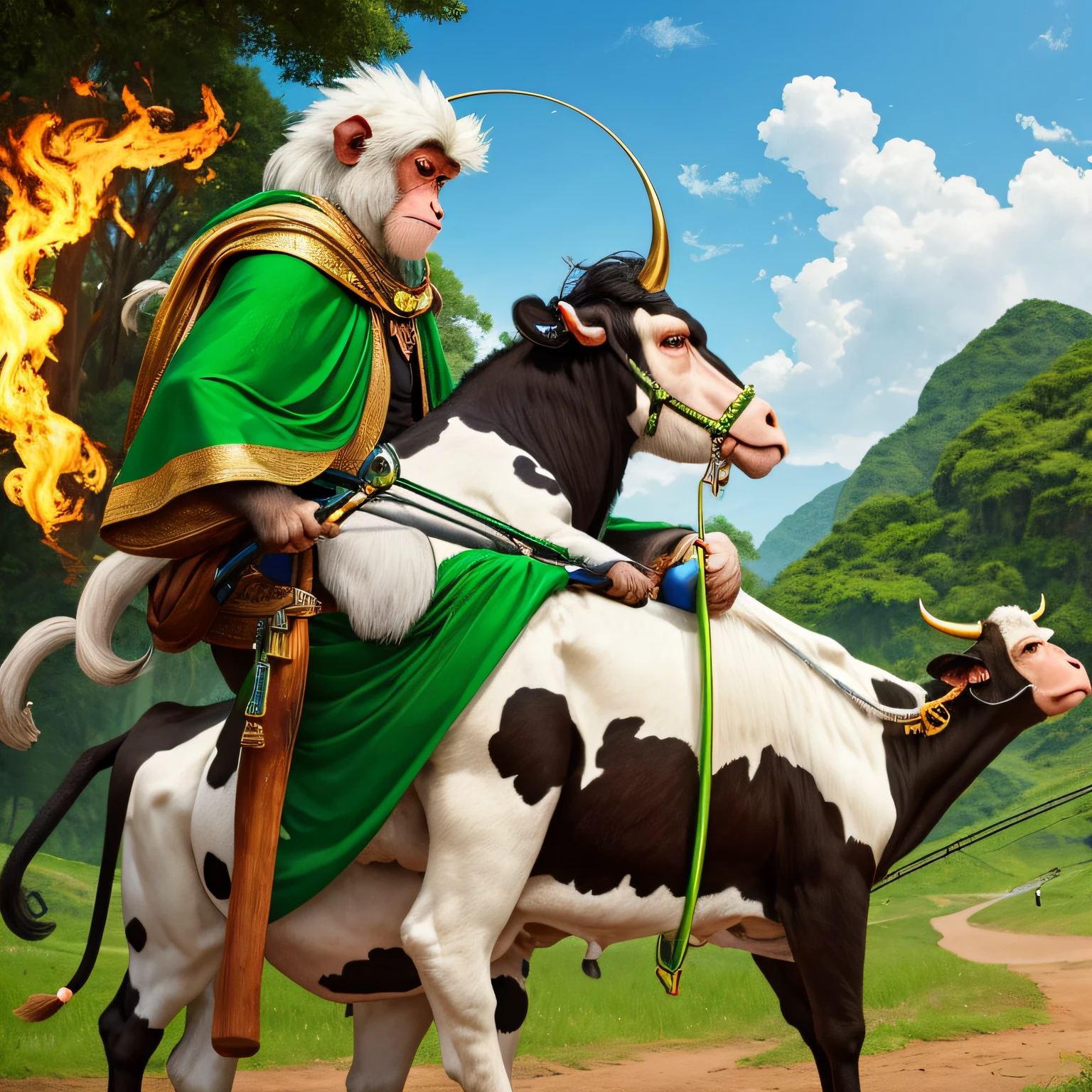 A monkey rides on the back of a cow with an emerald green fishing rod in its hand, the monkey's hair is golden, it has a cloak on its head, and the cow's hair is white, and its four legs have a flame --auto