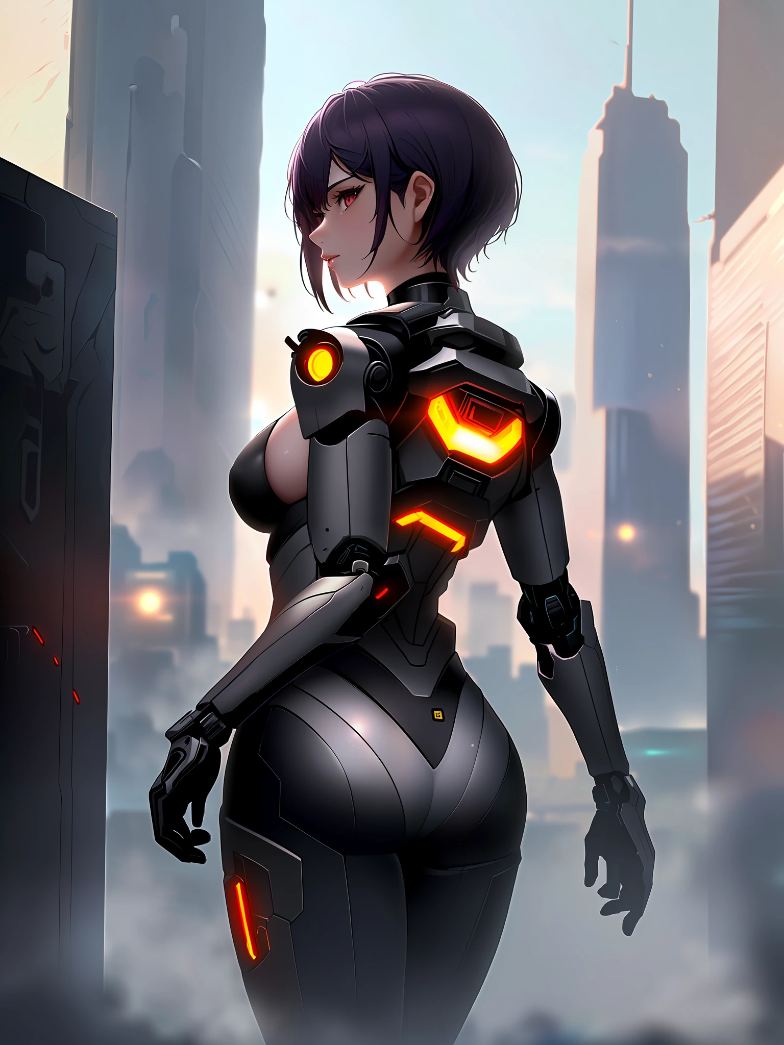 Dystopian, [sci-fi], High Detail RAW color Photo, Full Shot, rear angle, of (cute female arterial intelligence, wearing see-through white chemise), outdoors, standing, on overlook, looking out at sprawling cyberpunk city skyline), toned physique, large ass, (pale skin), perfect face, seductive look, (cybernetic implants:1.2), (augmentations), (cyborg:1.1), (detailed skin, diffused skin pores), silicone, metal, (highly detailed, fine details, intricate), (lens flare:0.5), (bloom:0.5), smog, dust, (badlands:0.8), (observitory:0.7), raytracing, specular lighting, shallow depth of field, photographed on a Sony Alpha 1, EF 85mm lens, f/2.8, hard focus, smooth, cinematic film still, [Cyberpunk:Orwelian:12]