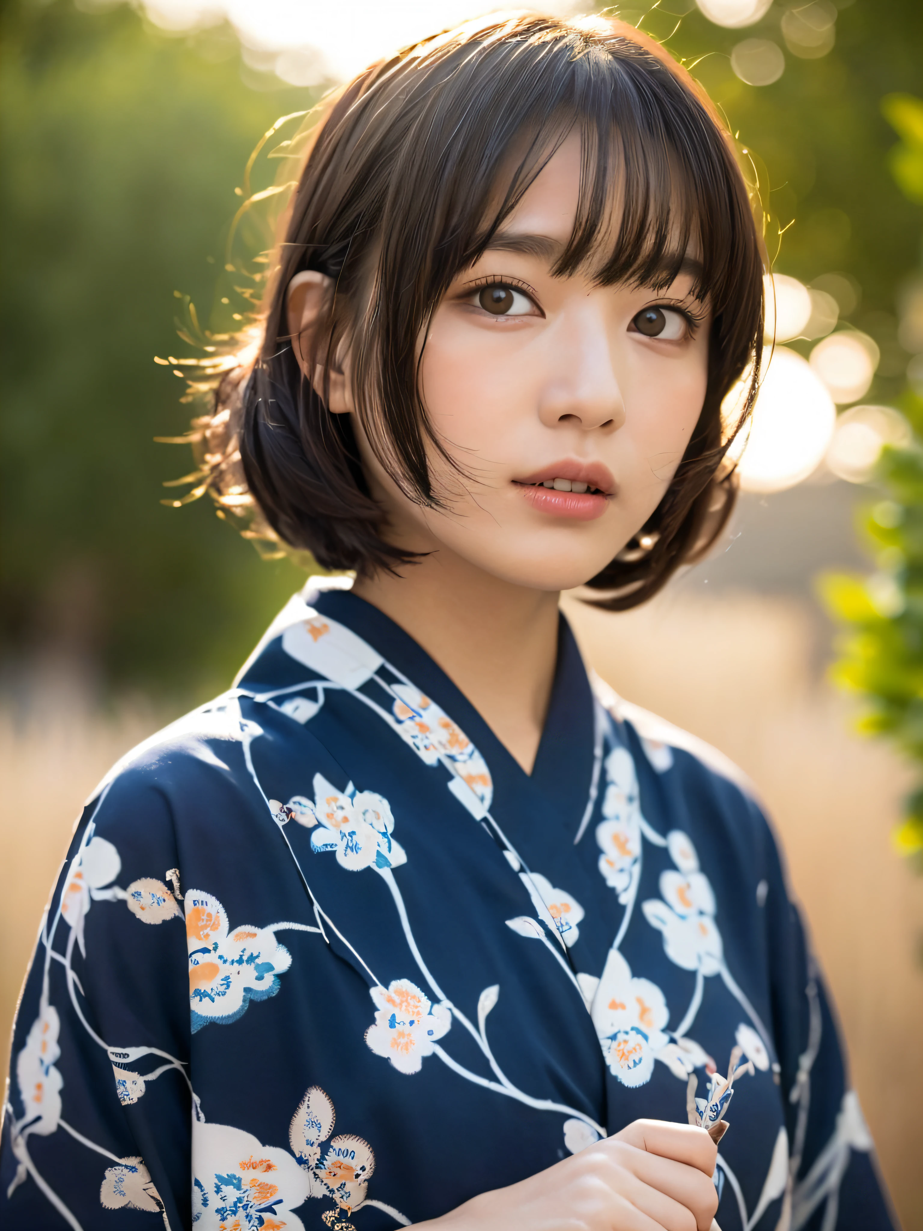 ((Realistic lighting、top-quality、8K、masterpiece:1.3))、Clear focus:1.2、1girl in、Perfect figure:1.4、Black-haired、Wearing yukata、Yukata is red、outside of house、natta:1.1、Fireworks Festival、Super fine face、Narrow-eyed、二重まぶた、