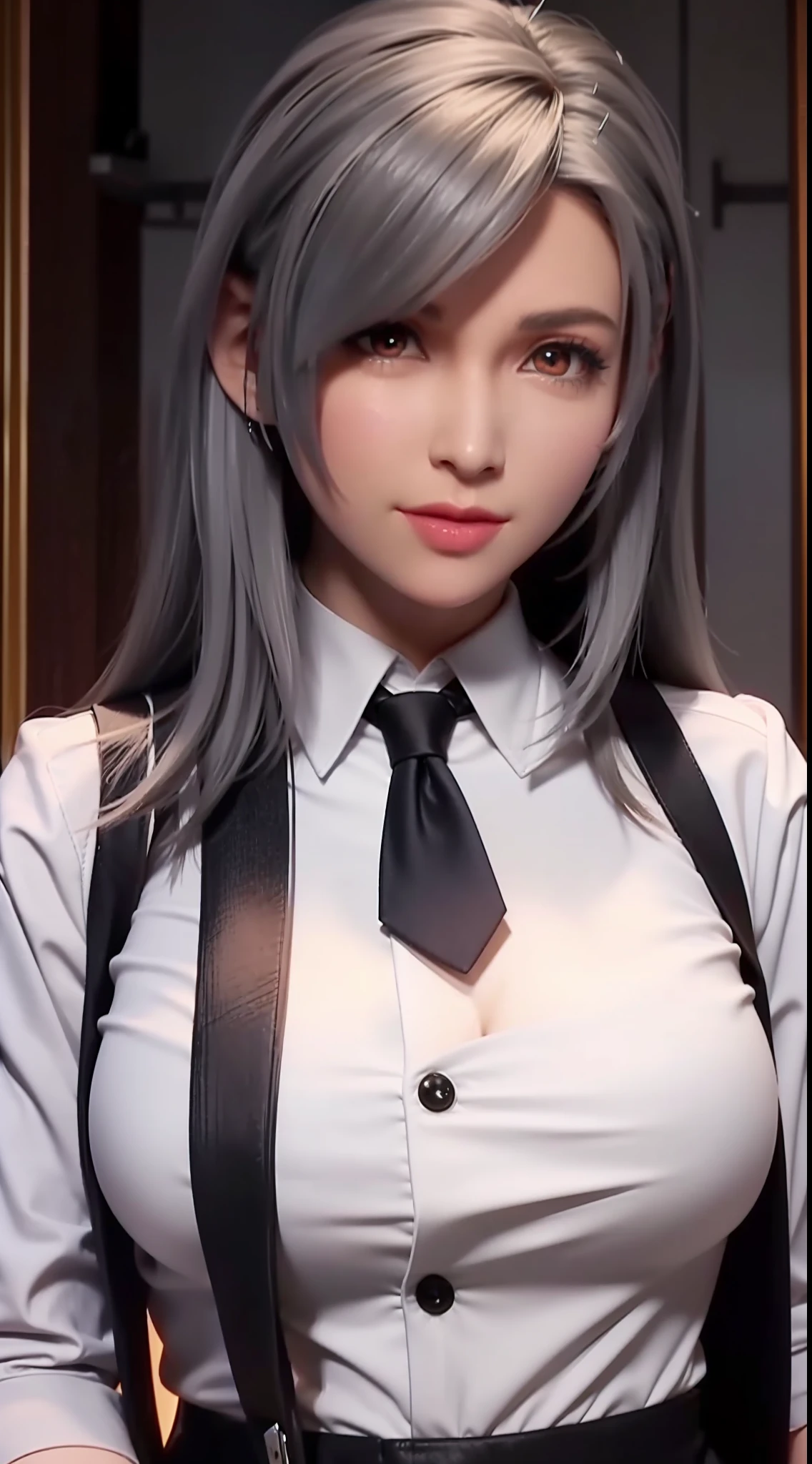 sakuyarindou768 (Wearing business outfit,formal jacket,neck tie, tie,white shirt, skirt, heels,High waist Skirt)( big perfect round breasts,hourglass body, thin waist,btpt-fc,Photo realistic, (hyperrealistic:1)beautiful, masterpiece, best quality, extremely detailed face, perfect lighting,detailed eye makeup, detail face, nice detailed eyes,nice hands, perfect hands (realistic pupils,realistic iris:1) heavy eye makeup,gray hair,long hair,bue eyes,  (working at a restaurant, background restaurant)