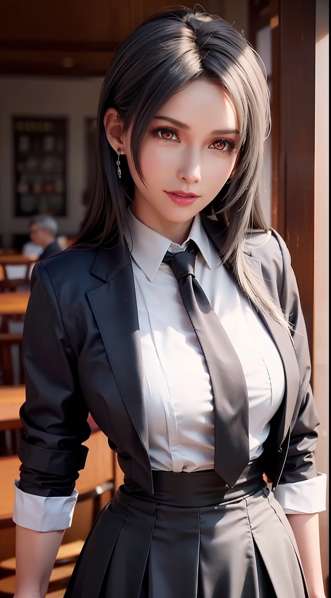 sakuyarindou768 (Wearing business outfit,formal jacket,neck tie, tie,white shirt, skirt, heels,High waist Skirt)( big perfect round breasts,hourglass body, thin waist,btpt-fc,Photo realistic, (hyperrealistic:1)beautiful, masterpiece, best quality, extremely detailed face, perfect lighting,detailed eye makeup, detail face, nice detailed eyes,nice hands, perfect hands (realistic pupils,realistic iris:1) heavy eye makeup,gray hair,long hair,bue eyes,  (working at a restaurant, background restaurant)