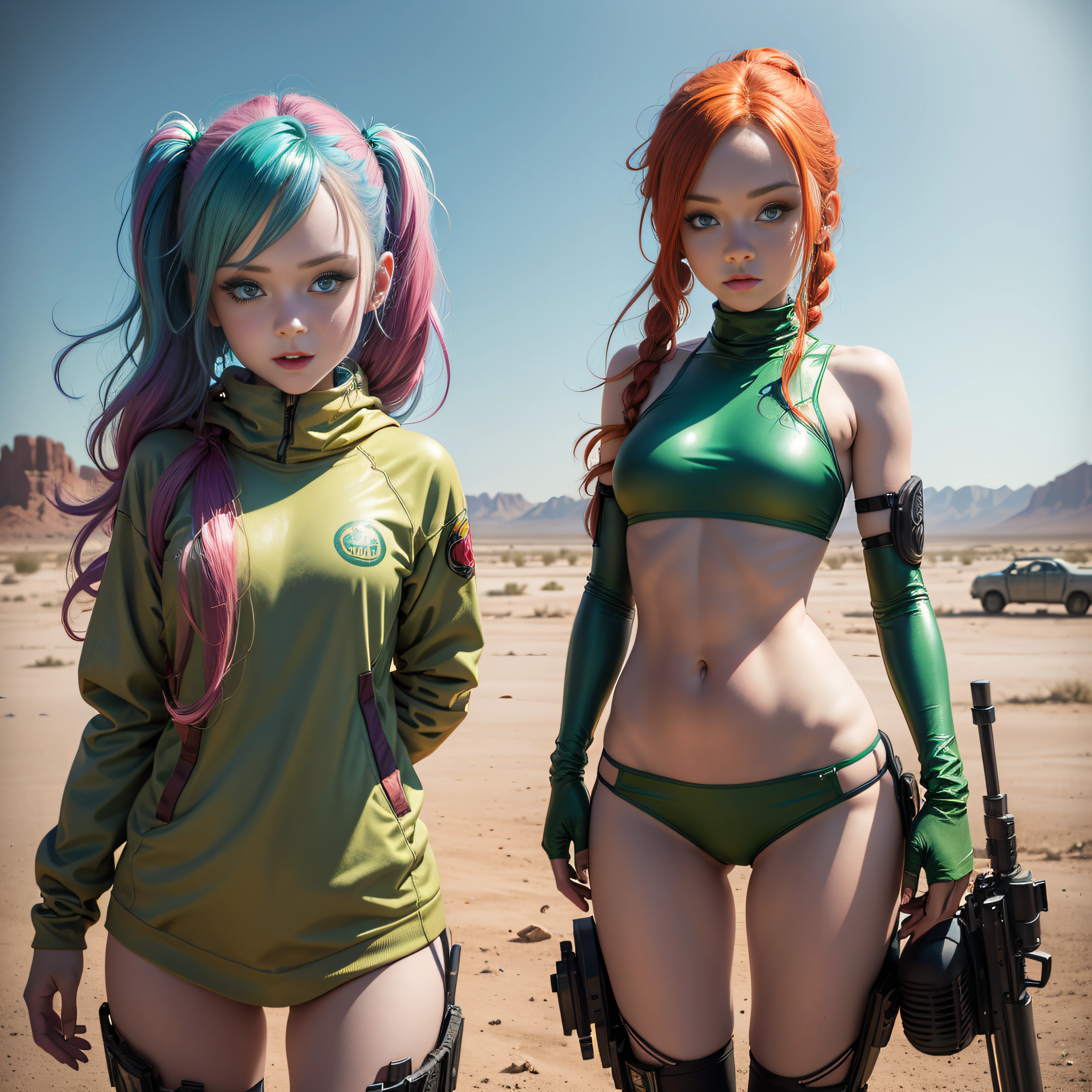 cute redhead woman in twin tails, multiple rainbow colored hair, sky-blue eyes, happy, Ukrainian, petite, pale skin, wearing a green metallic color bikini, post apocalyptic background, bleak barren desert, photo realistic woman. --auto