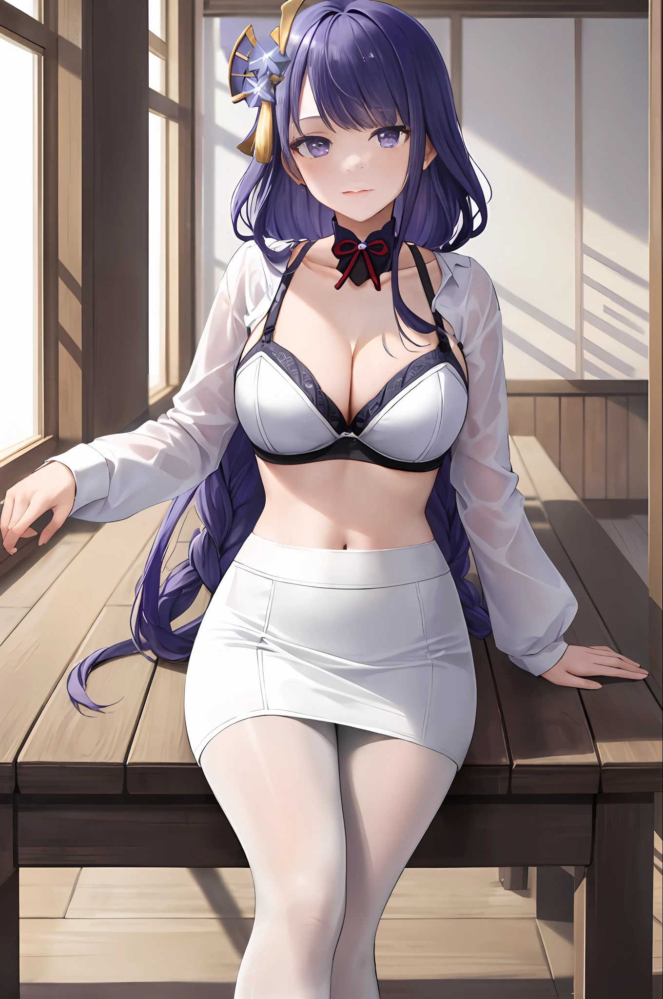 ((masterpiece, best quality)),8k,indoor ,1raiden shogun,(white shirt:1.2) ,looking at viewer,slim waist,black bra, use pantyhose