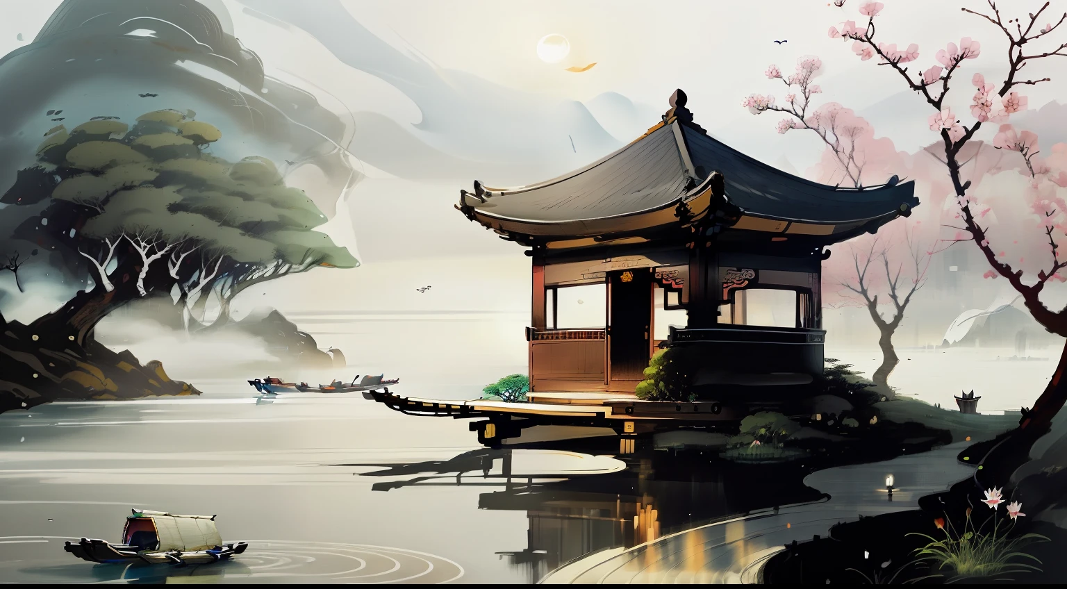 Chinese martial arts style, large area sky, ink style, outline light, atmospheric atmosphere, depth of field, mist rising, lake water, lotus flowers and leaves, small boats, pine trees, octagonal stone pavilions, arch bridges, night view,(No color)