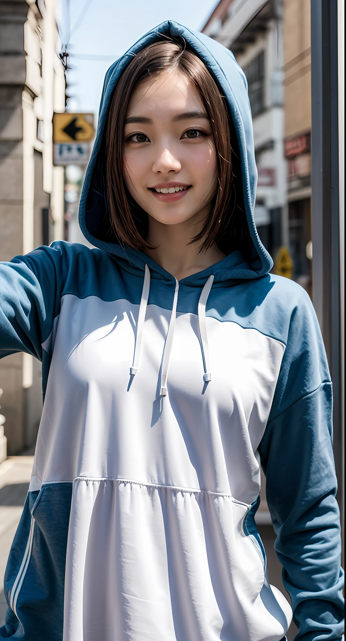 8k, best quality, masterpiece, realistic, ultra detail, photo realistic, hyper realistic, smoother lighting, increase cinematic lighting quality, realistic lighting, backlighting, brightening light, Increase quality, best quality real texture skin,
close-up, slender, cute face, smile, beautiful details eyes, 19years old korean, pretty, Drill hair with electric blue color, hood,