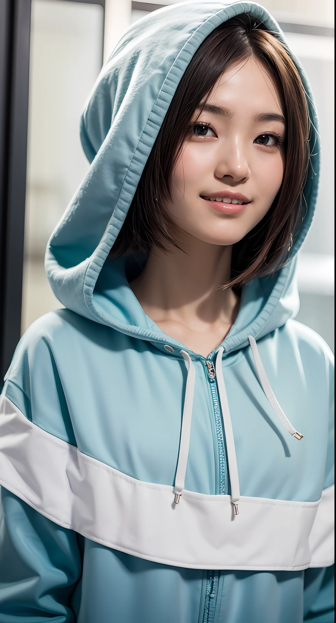 8k, best quality, masterpiece, realistic, ultra detail, photo realistic, hyper realistic, smoother lighting, increase cinematic lighting quality, realistic lighting, backlighting, brightening light, Increase quality, best quality real texture skin,
close-up, slender, cute face, smile, beautiful details eyes, 19years old korean, pretty, Drill hair with electric blue color, hood,